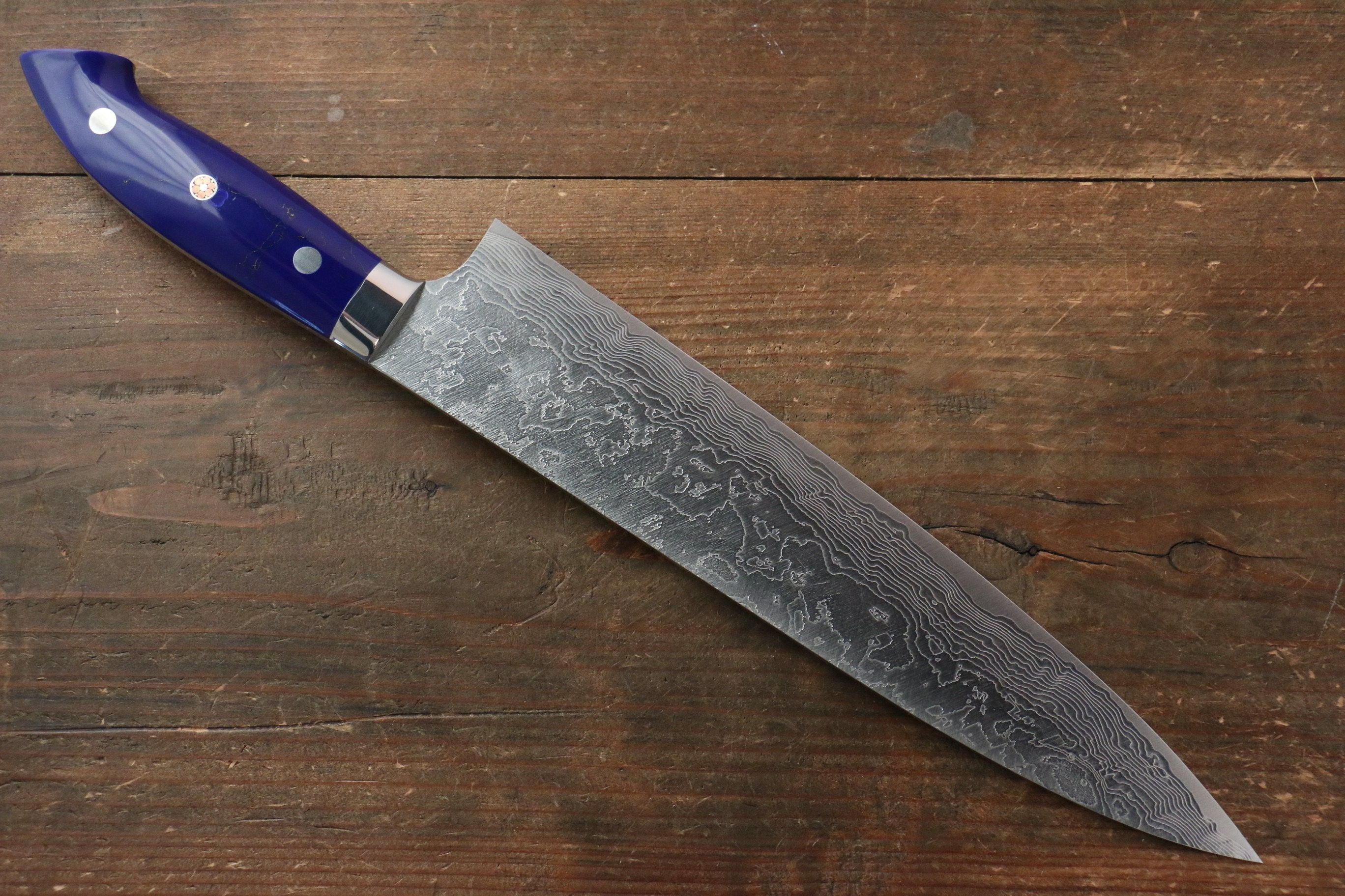 Takeshi Saji SG2 Diamond Finish Damascus Gyuto 240mm Navy Blue Turquoise (Nomura Style) Handle - Seisuke Knife