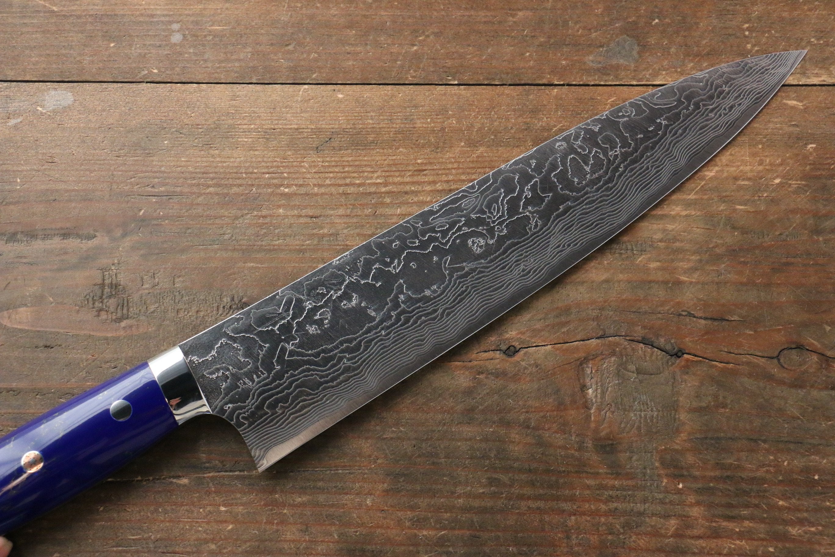 Takeshi Saji SG2 Diamond Finish Damascus Gyuto 240mm Navy Blue Turquoise (Nomura Style) Handle - Seisuke Knife