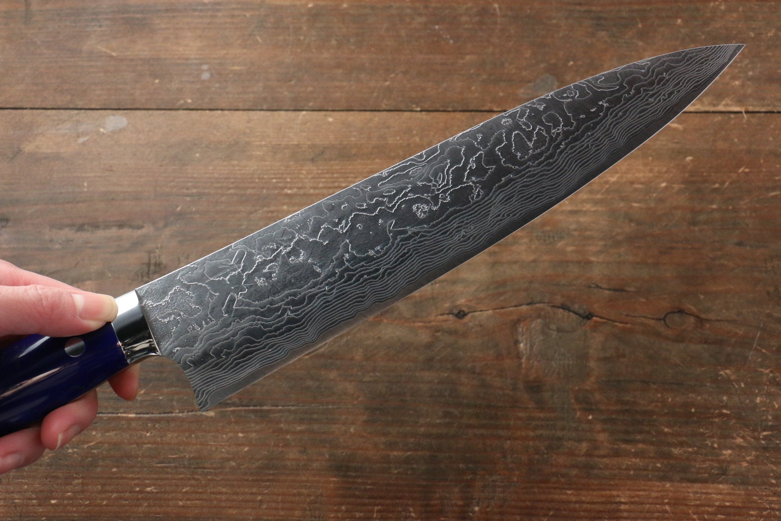 Takeshi Saji SG2 Diamond Finish Damascus Gyuto 240mm Navy Blue Turquoise (Nomura Style) Handle - Seisuke Knife