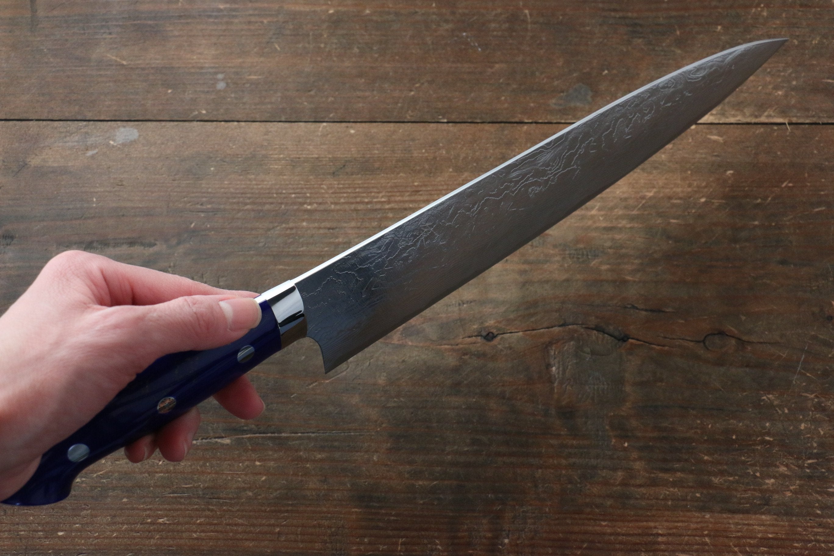 Takeshi Saji SG2 Diamond Finish Damascus Gyuto 240mm Navy Blue Turquoise (Nomura Style) Handle - Seisuke Knife