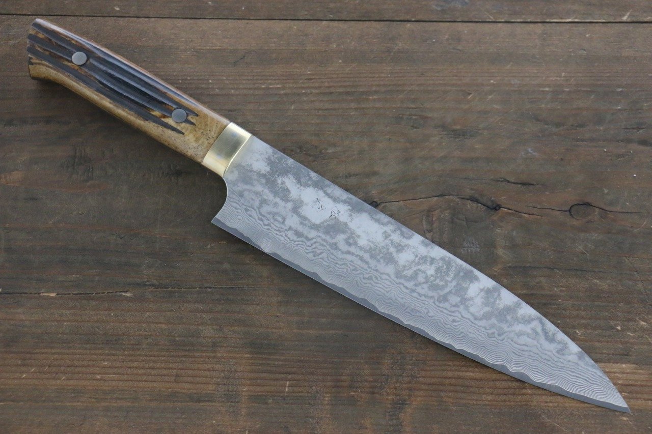 Takeshi Saji VG10 Black Damascus Gyuto 210mm Brown Deer Horn Handle - Seisuke Knife