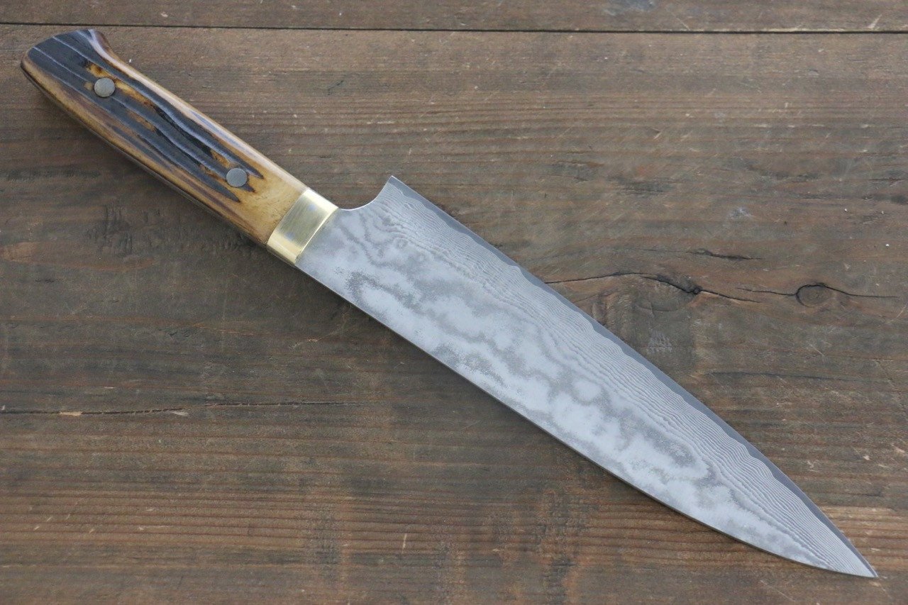Takeshi Saji VG10 Black Damascus Gyuto 210mm Brown Deer Horn Handle - Seisuke Knife