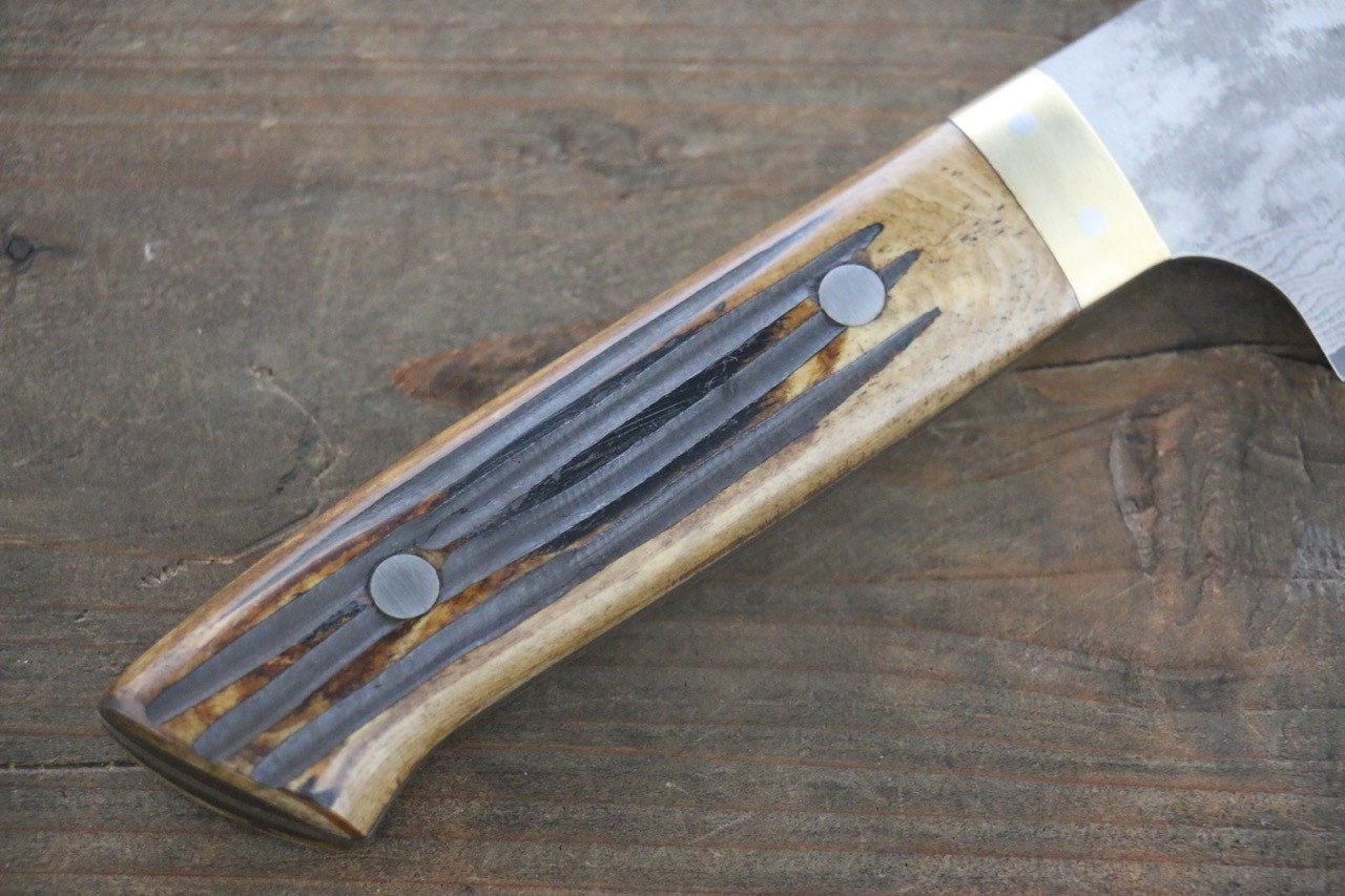 Takeshi Saji VG10 Black Damascus Gyuto 210mm Brown Deer Horn Handle - Seisuke Knife