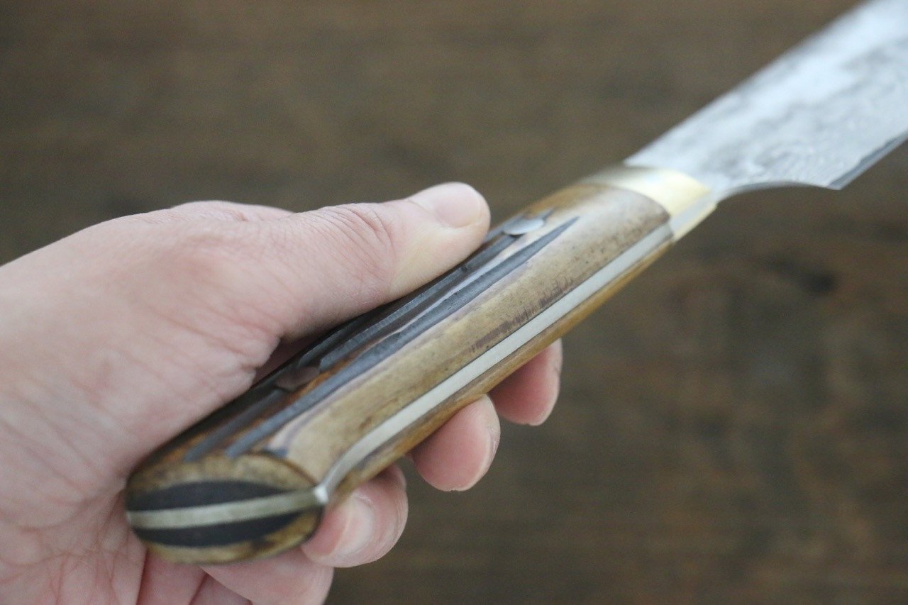 Takeshi Saji VG10 Black Damascus Gyuto 210mm Brown Deer Horn Handle - Seisuke Knife