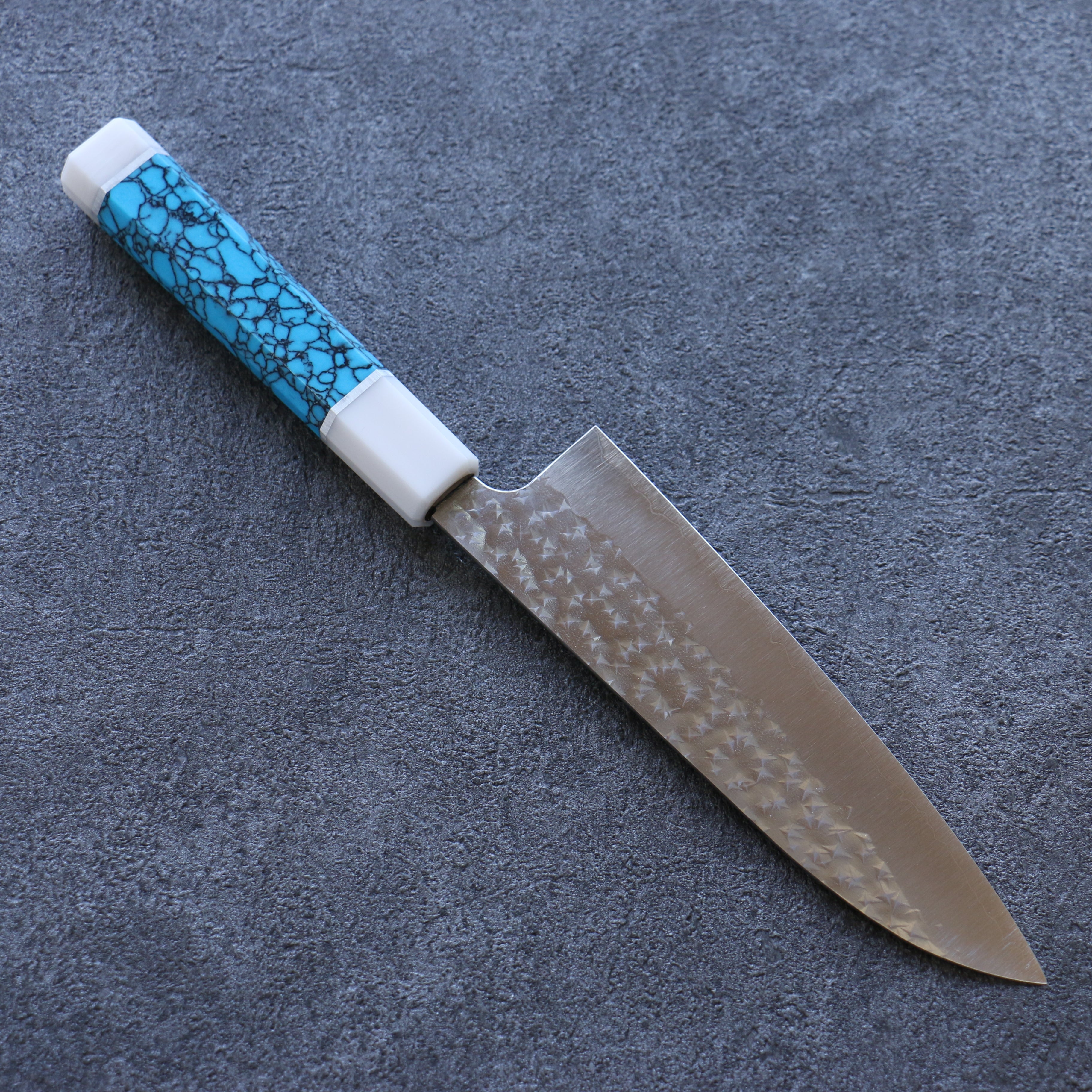 Yu Kurosaki Senko SG2 Hammered Small Santoku 150mm Turquoise(With Double White Ring) Handle - Seisuke Knife