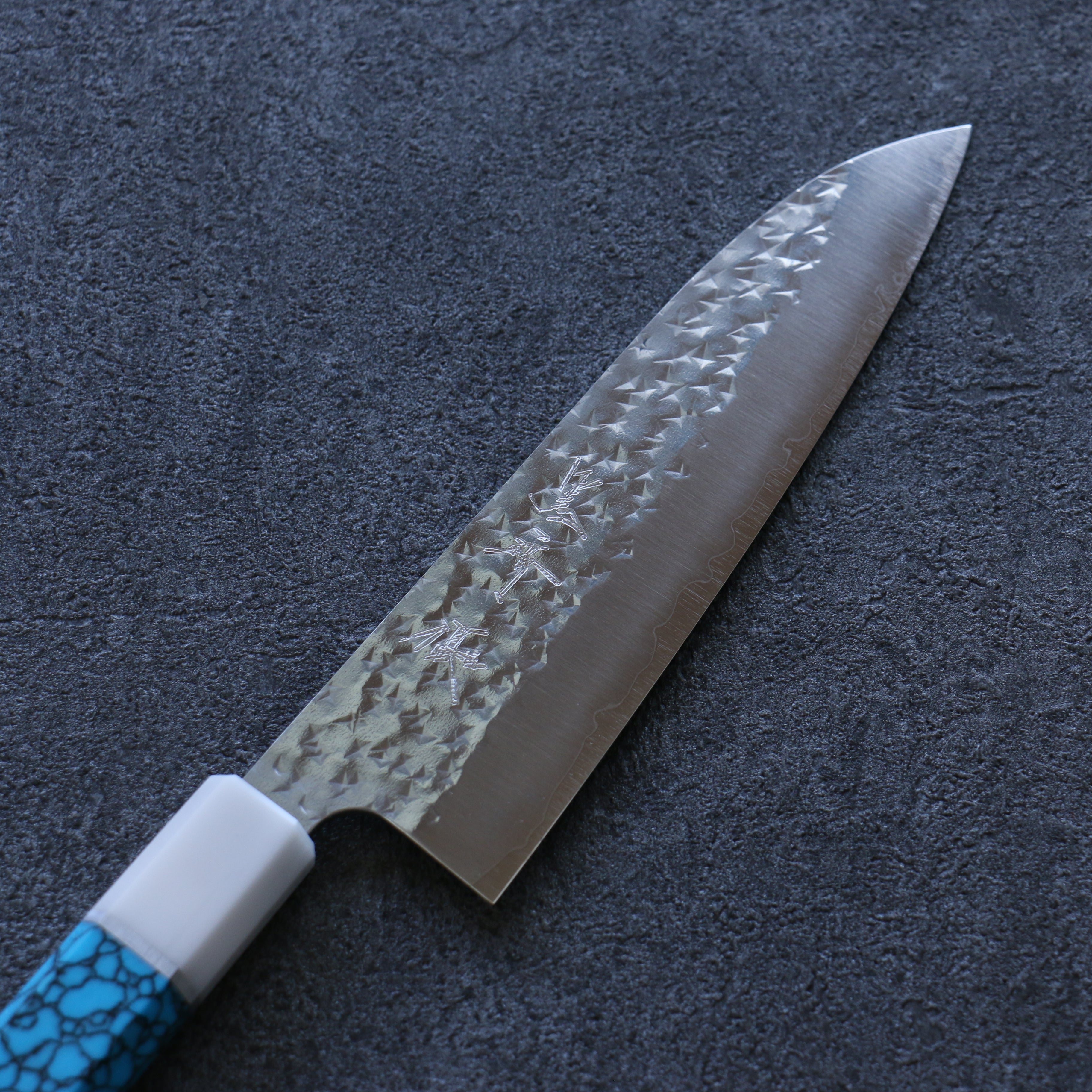 Yu Kurosaki Senko SG2 Hammered Small Santoku 150mm Turquoise(With Double White Ring) Handle - Seisuke Knife