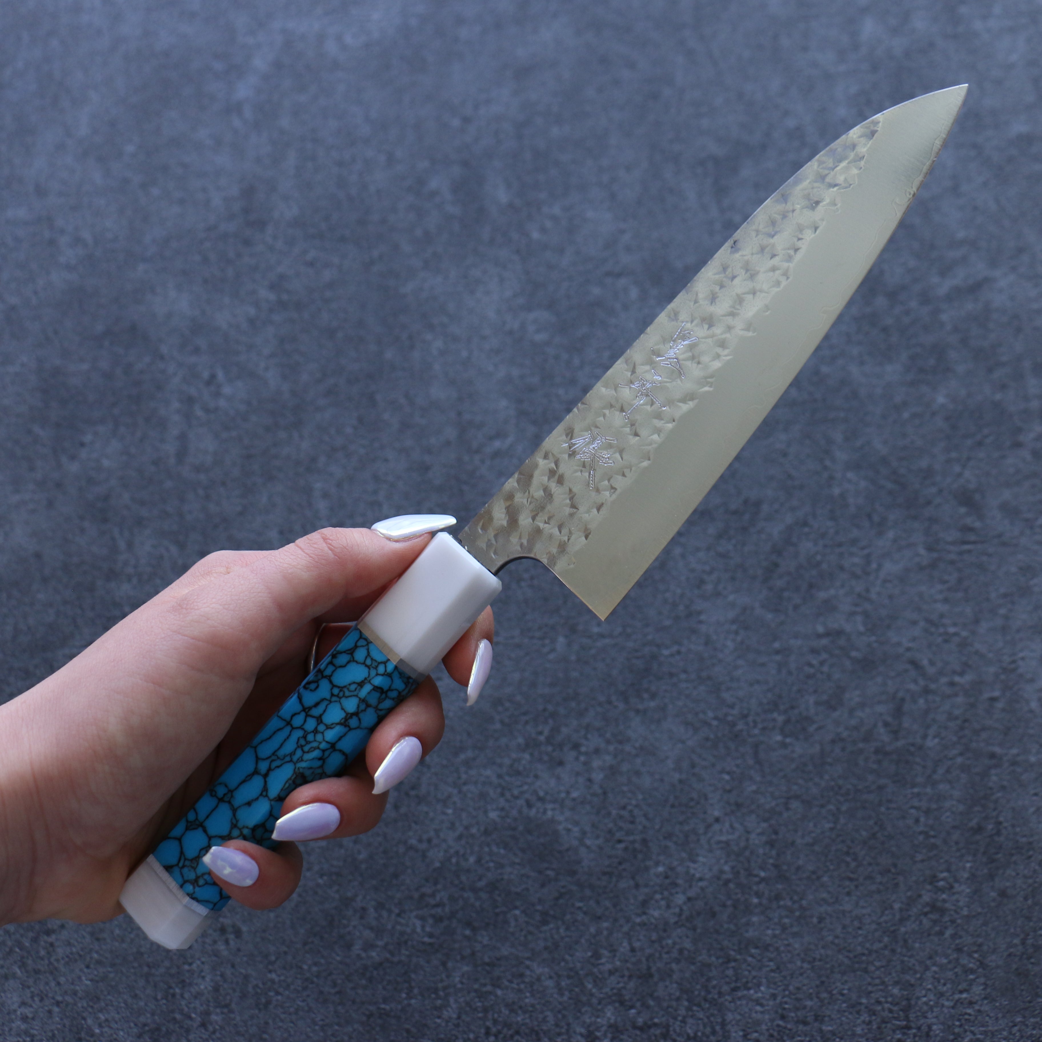 Yu Kurosaki Senko SG2 Hammered Small Santoku 150mm Turquoise(With Double White Ring) Handle - Seisuke Knife