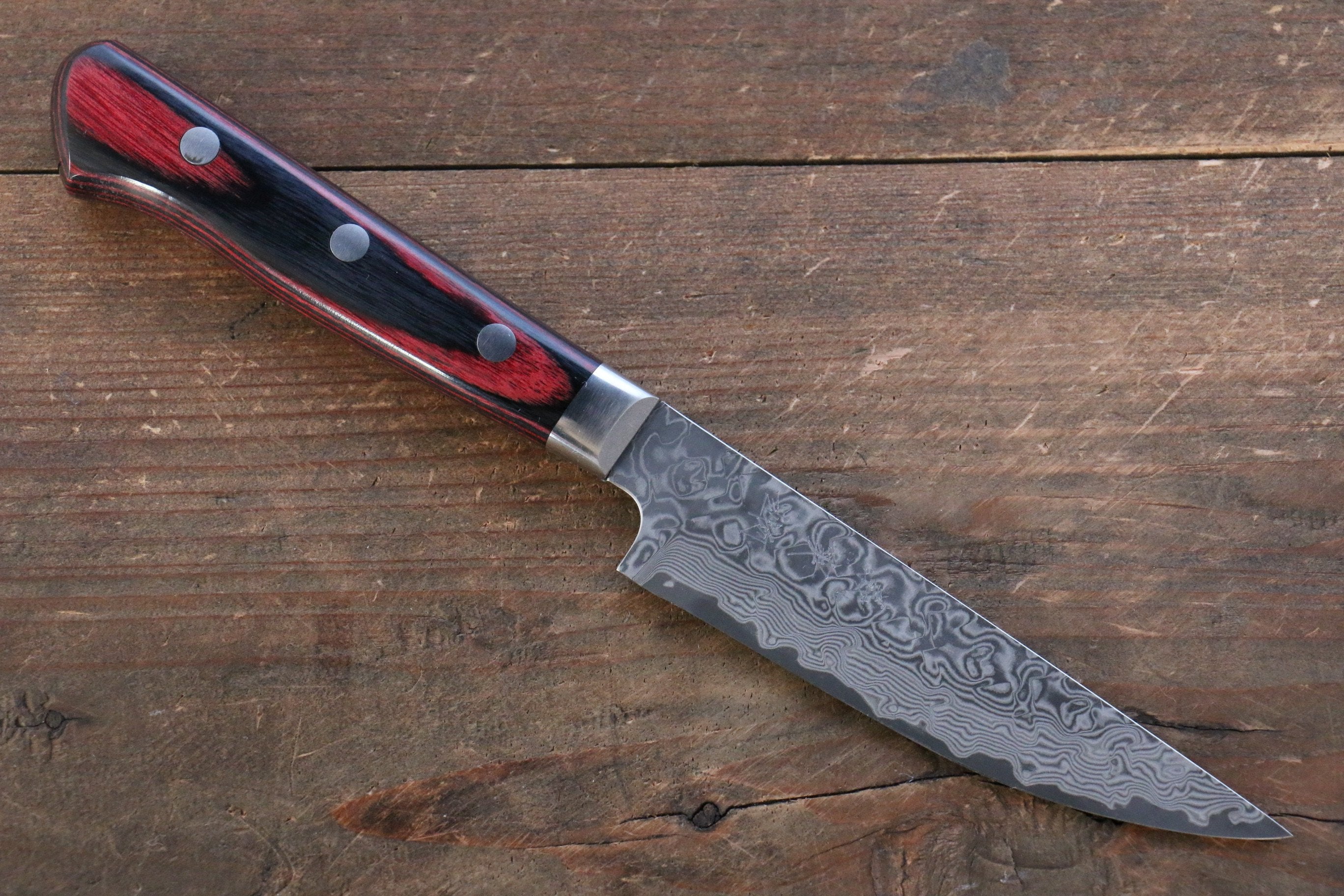 Yoshimi Kato VG10 Damascus Steak 100mm with Red Pakkawood Handle - Seisuke Knife