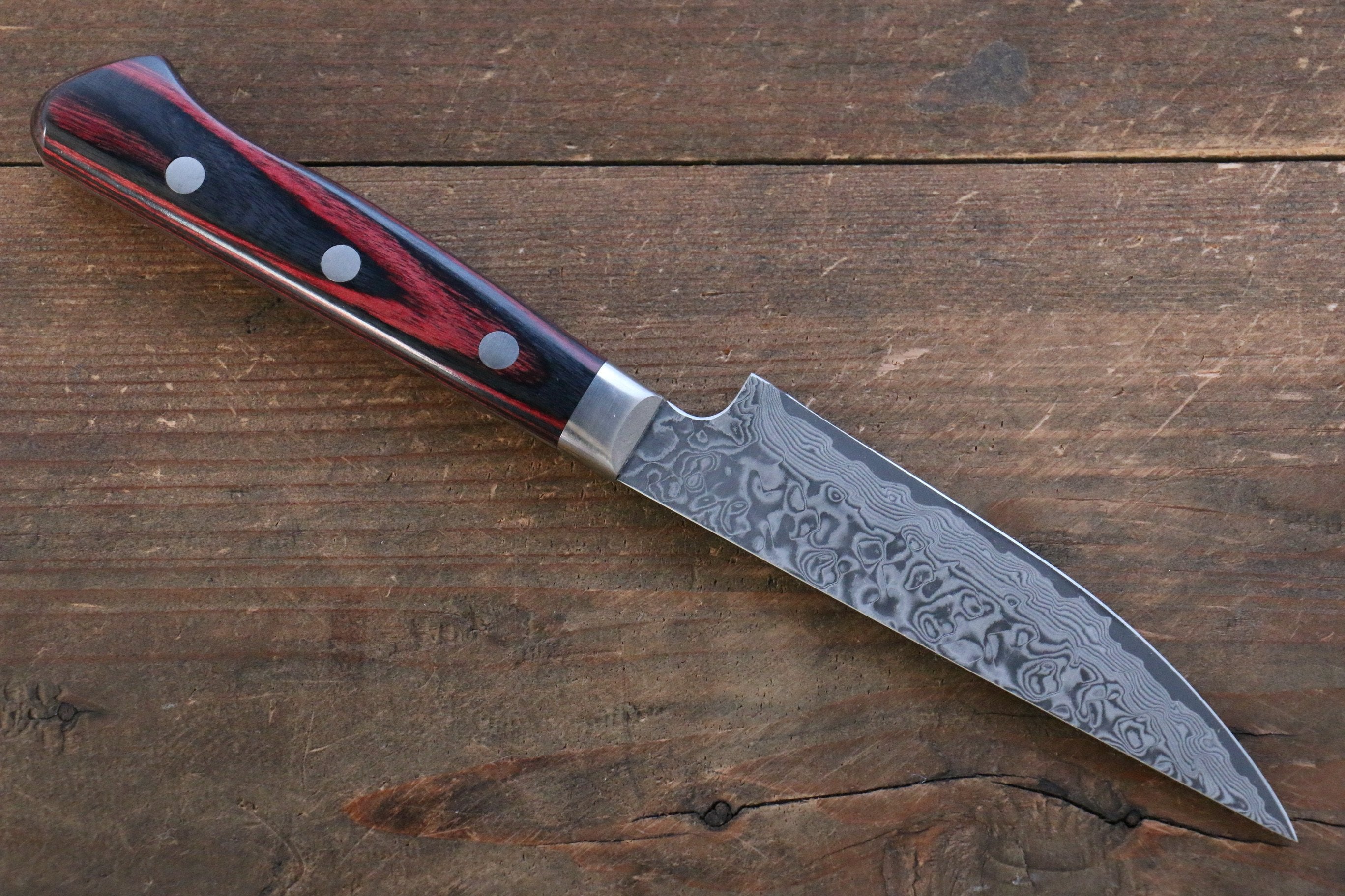 Yoshimi Kato VG10 Damascus Steak 100mm with Red Pakkawood Handle - Seisuke Knife