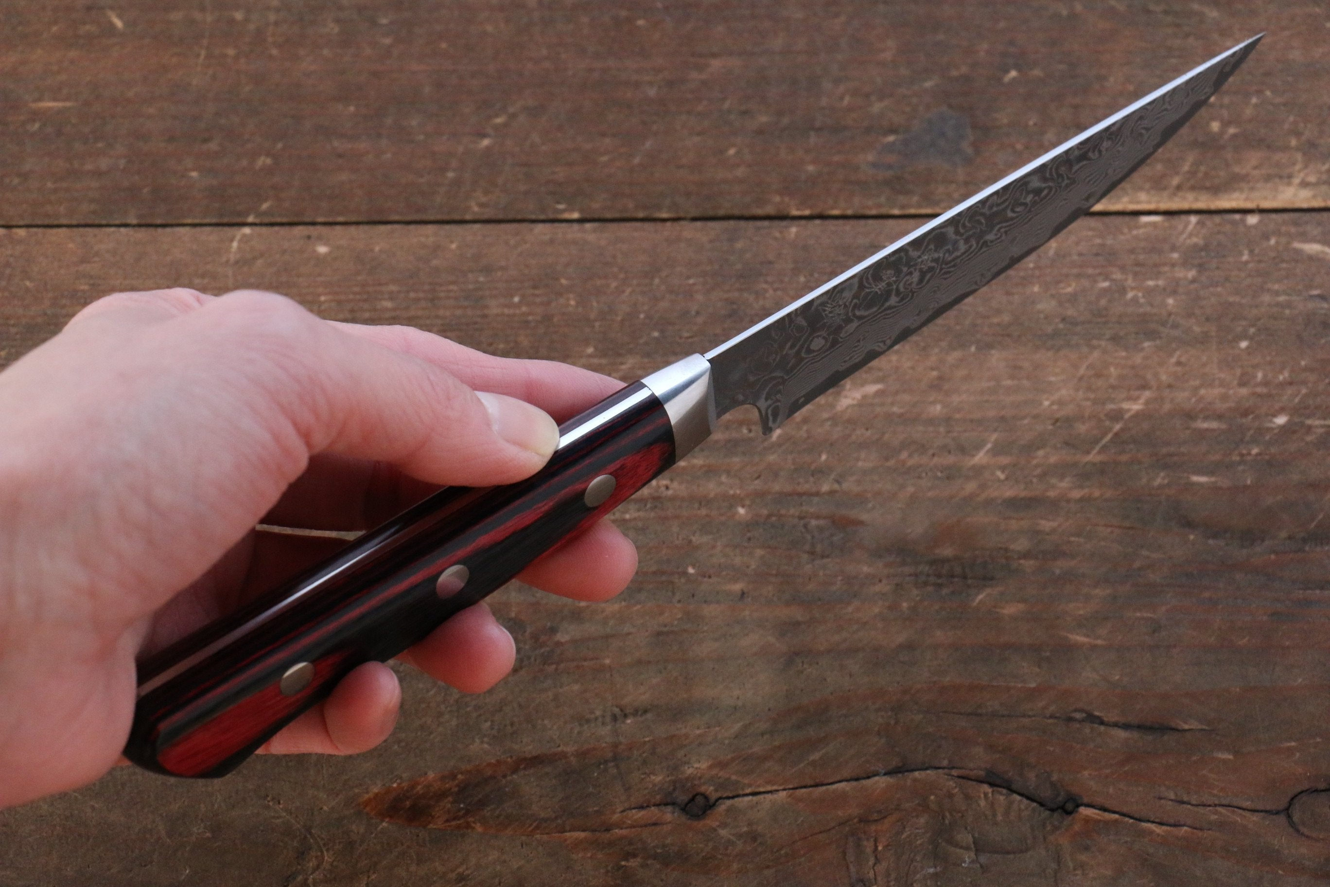 Yoshimi Kato VG10 Damascus Steak 100mm with Red Pakkawood Handle - Seisuke Knife