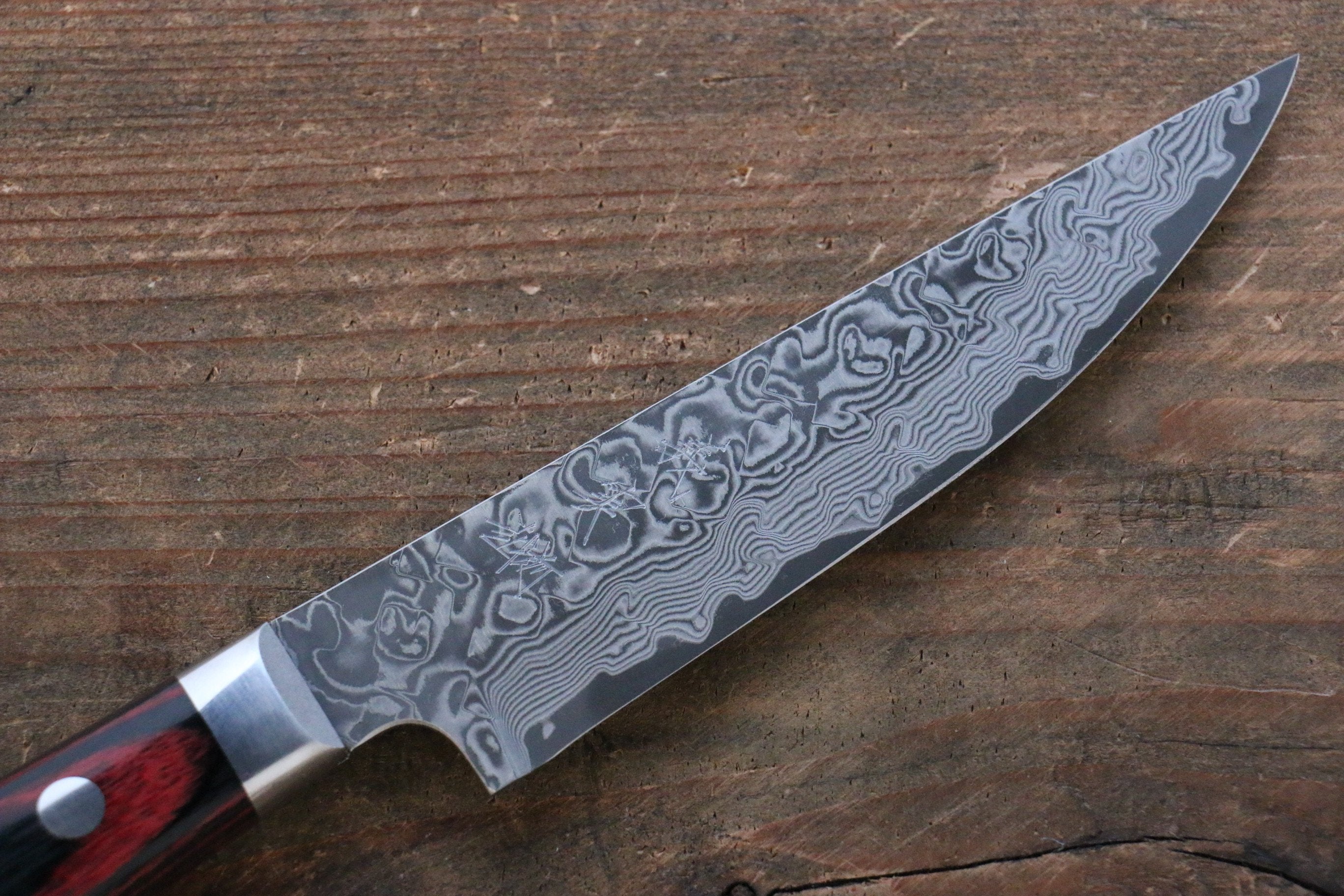 Yoshimi Kato VG10 Damascus Steak 100mm with Red Pakkawood Handle - Seisuke Knife