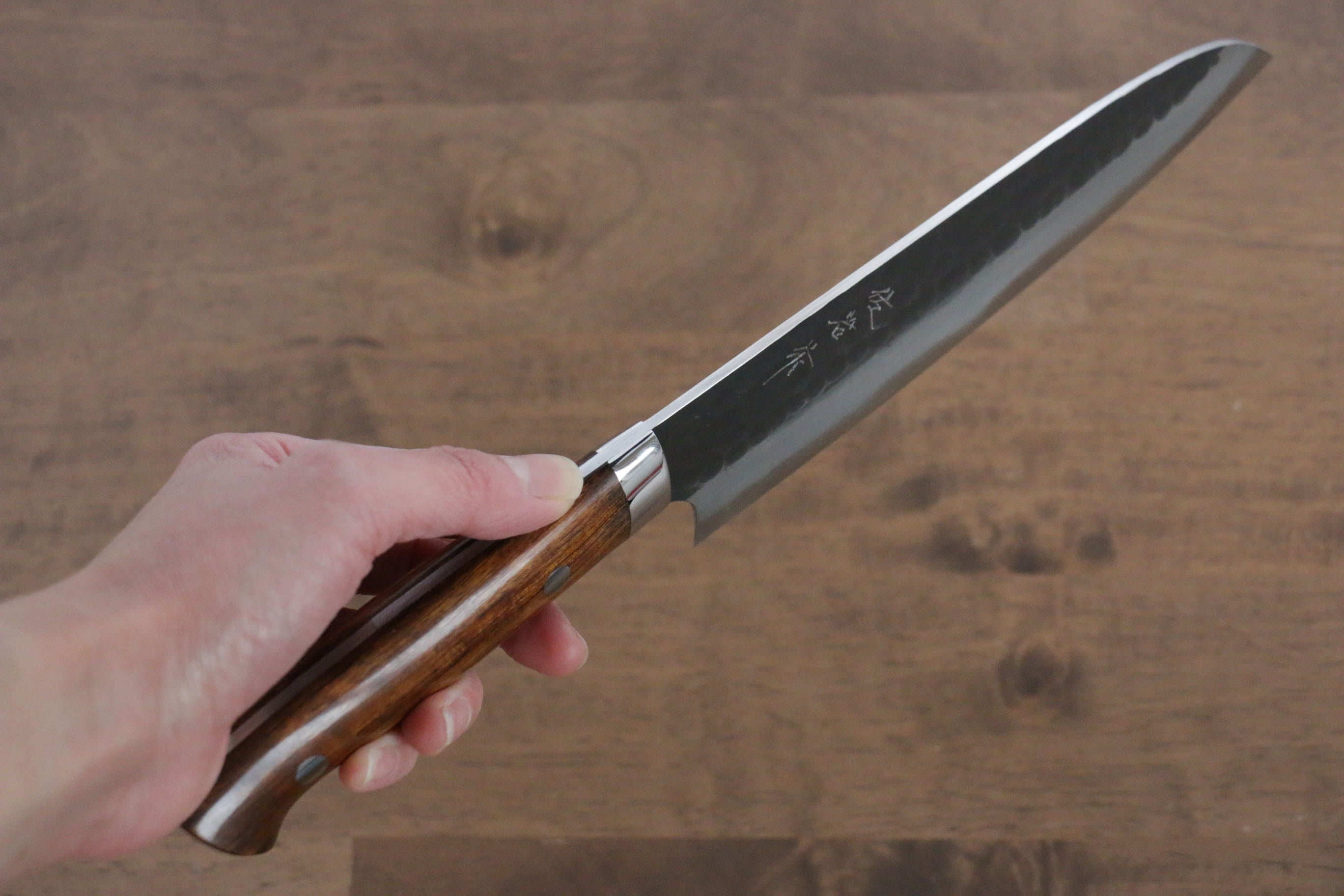Takeshi Saji Blue Super Kurouchi Hammered Santoku 165mm with Ironwood Handle - Seisuke Knife