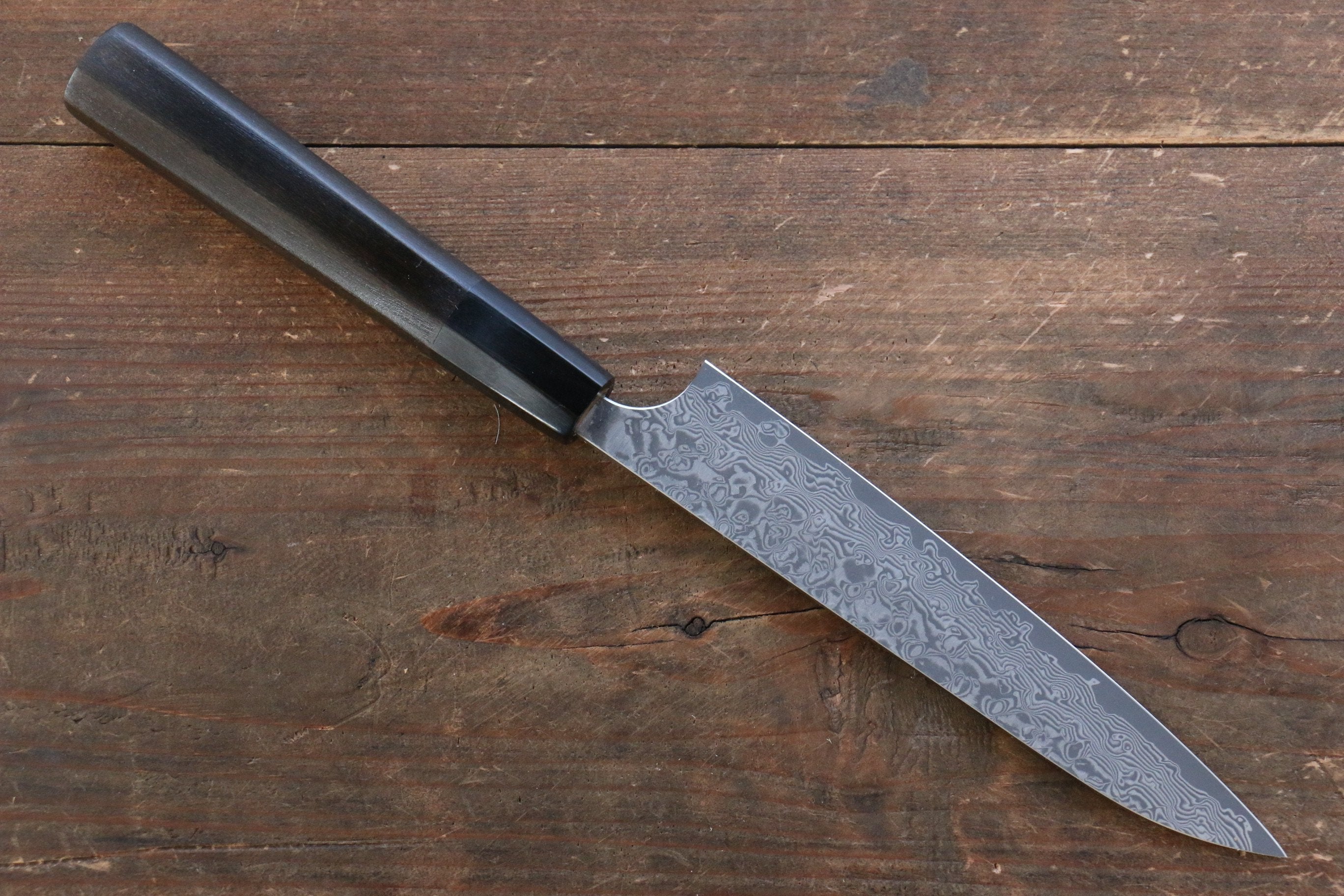 Yoshimi Kato VG10 Damascus Petty-Utility 150mm with Black Lacquered Handle with Saya - Seisuke Knife