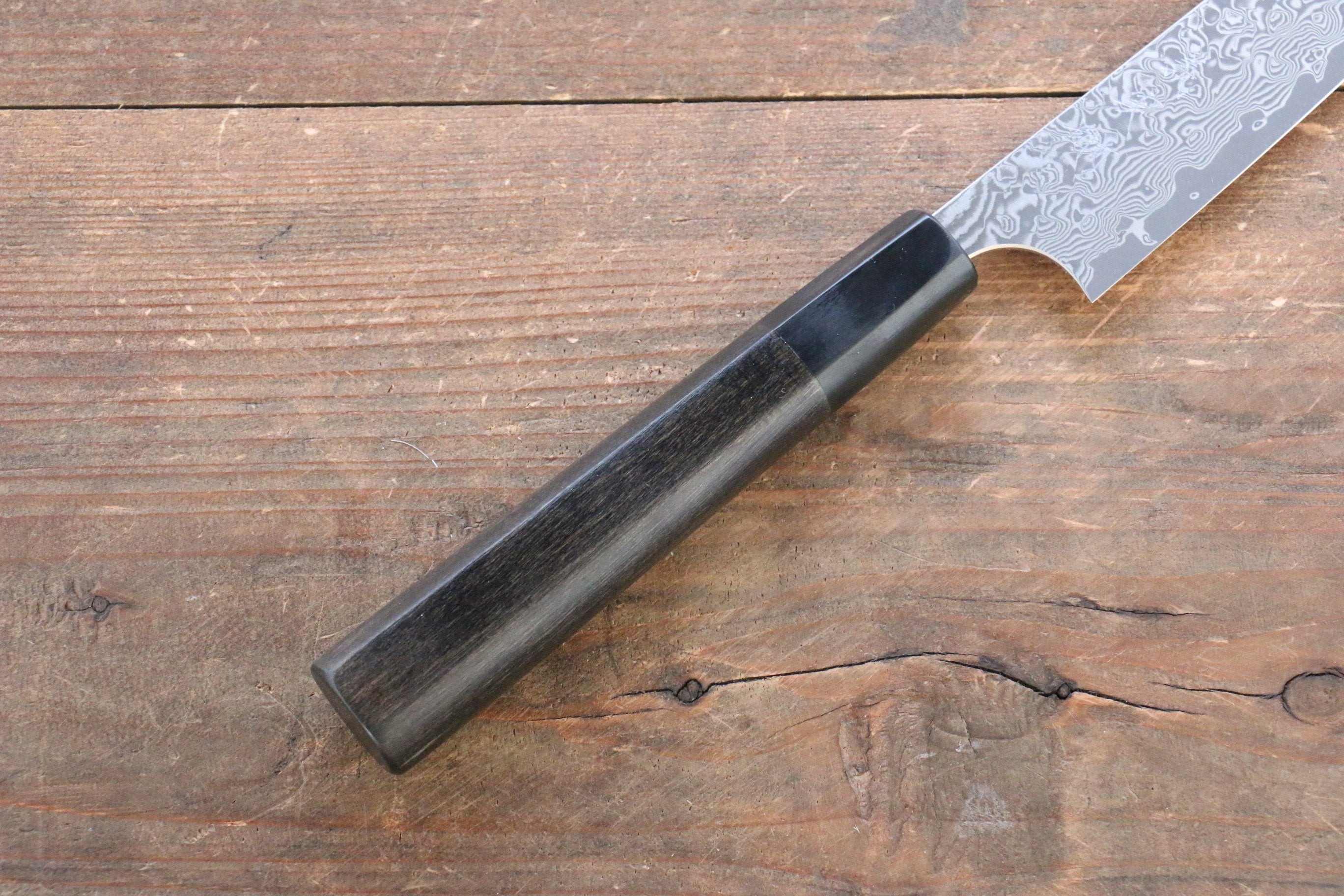 Yoshimi Kato VG10 Damascus Petty-Utility 150mm with Black Lacquered Handle with Saya - Seisuke Knife