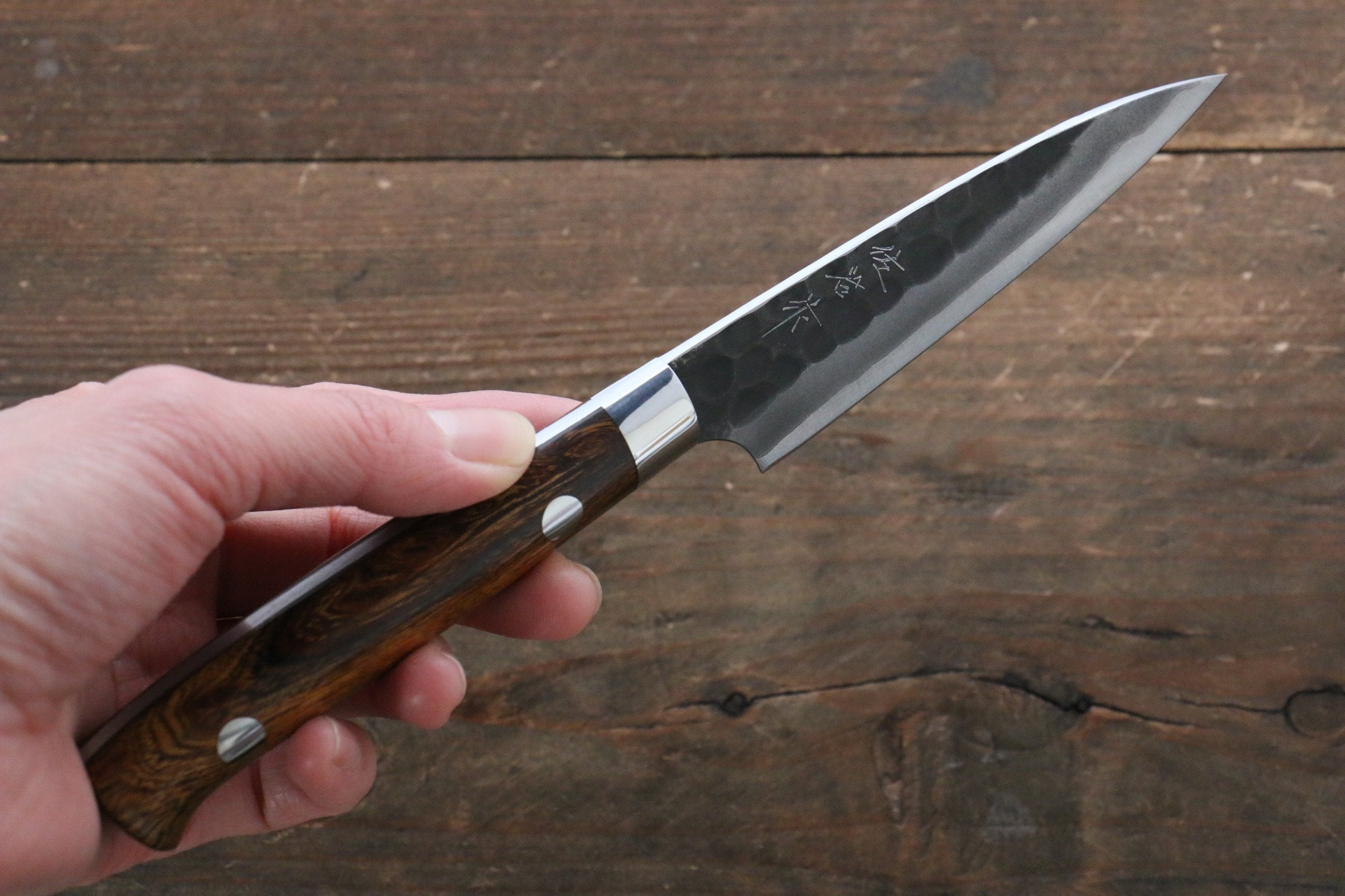 Takeshi Saji Blue Super Kurouchi Hammered Petty-Utility 90mm Ironwood Handle - Seisuke Knife