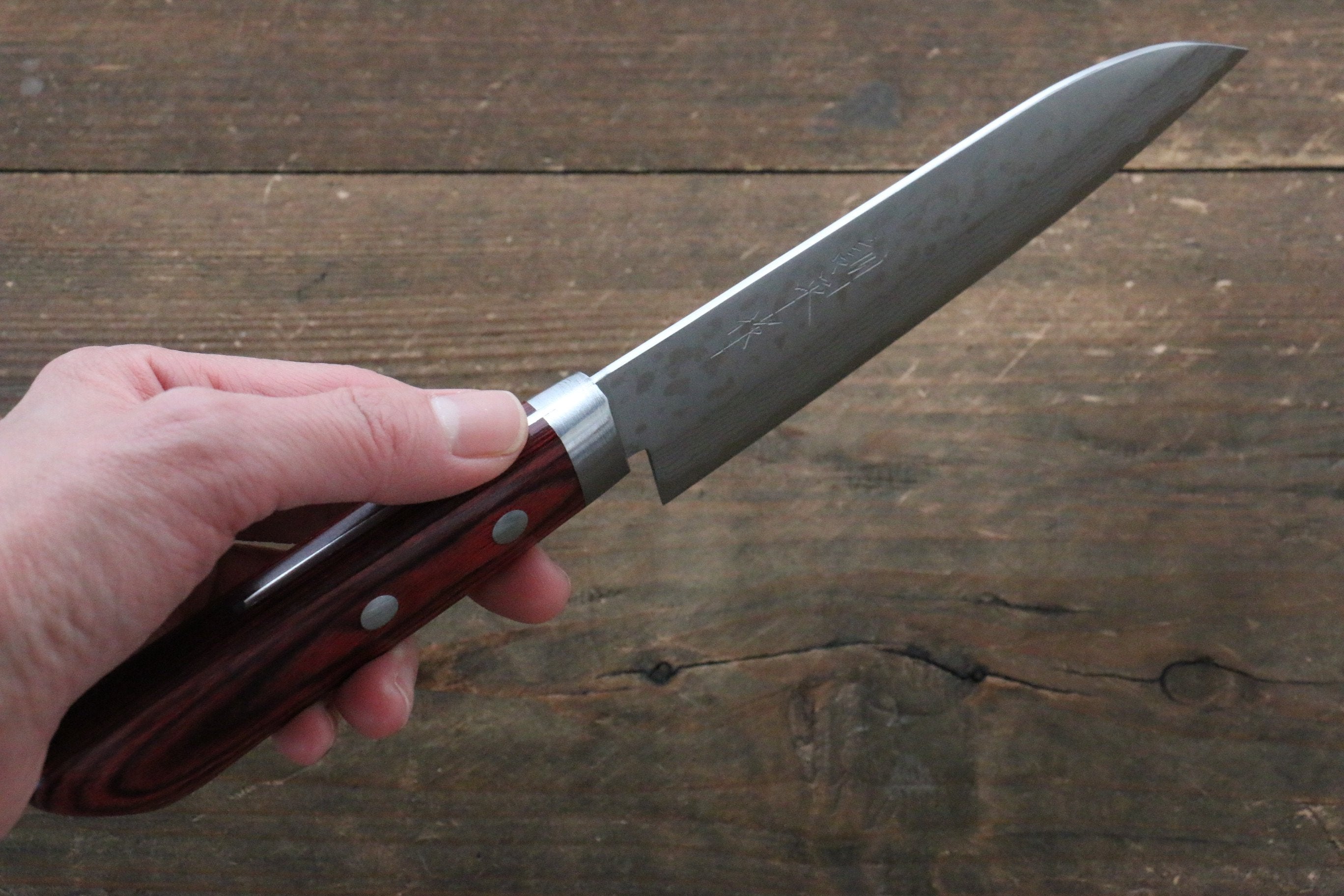 Kunihira Sairyu VG10 Damascus Small Santoku 135mm Red Pakka wood Handle - Seisuke Knife
