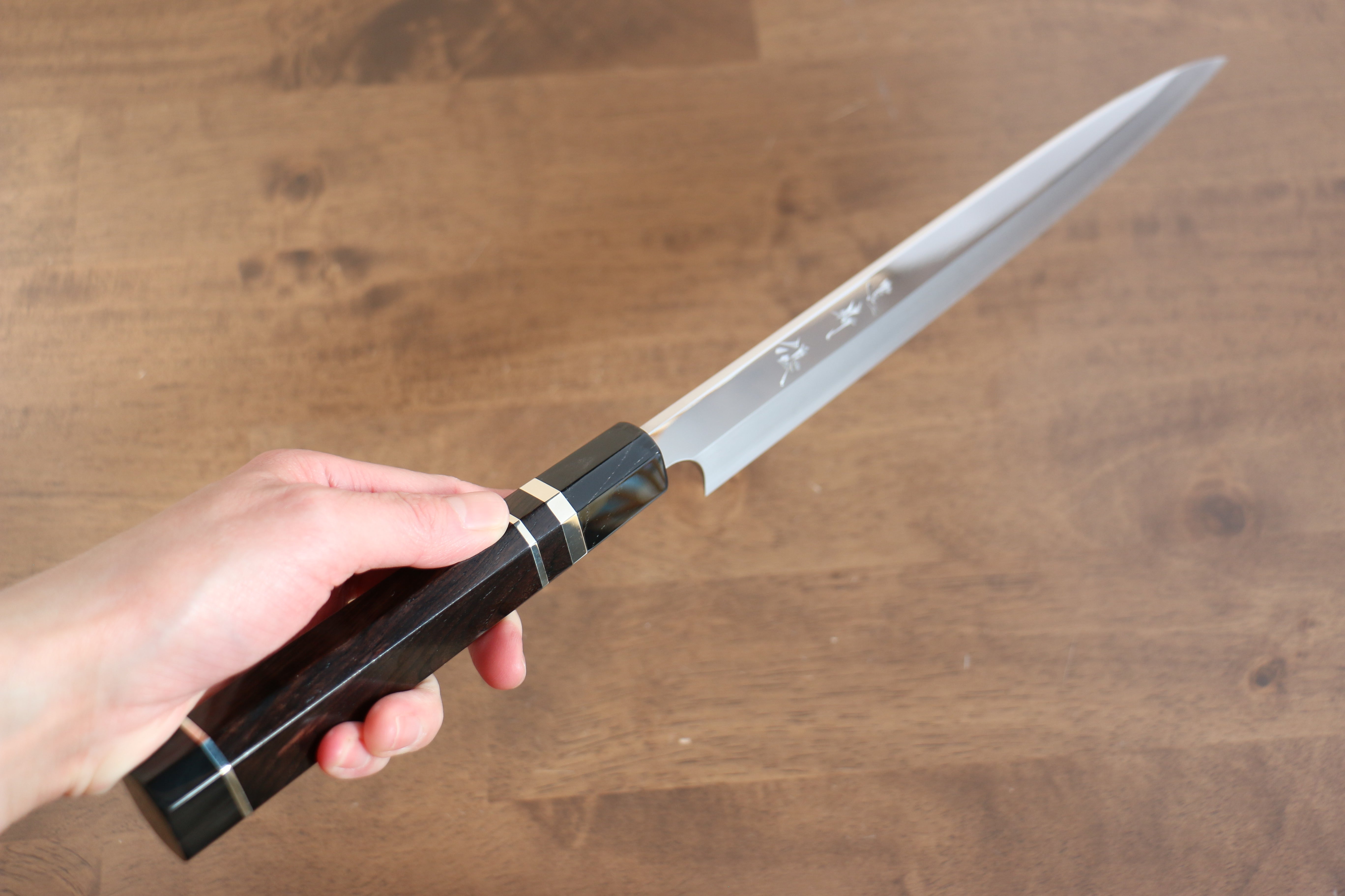 Yu Kurosaki Blue Steel No.2 Mirrored Finish Yanagiba 270mm Ebony with Double Water Buffalo Ring Handle - Seisuke Knife