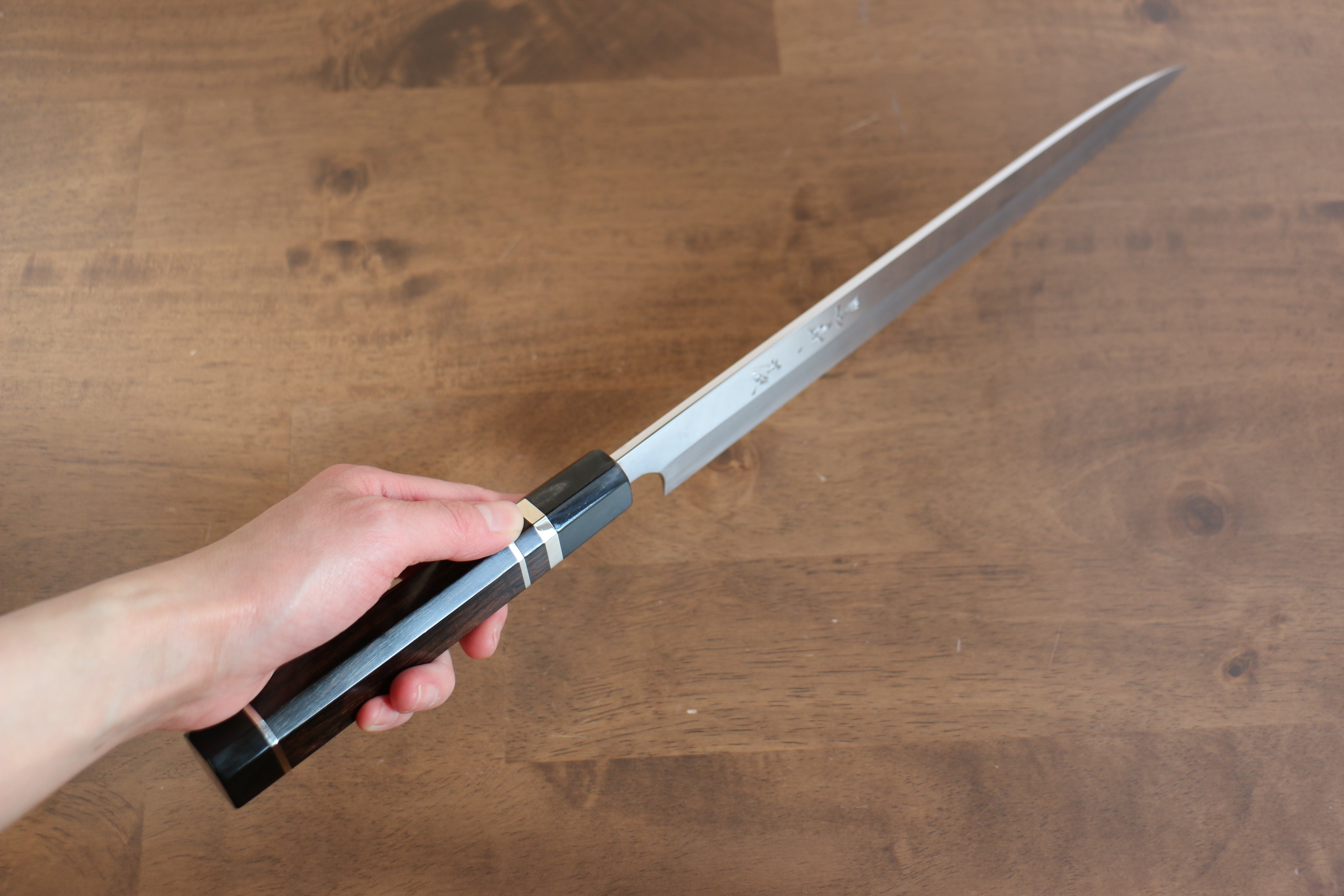 Yu Kurosaki Blue Steel No.2 Mirrored Finish Yanagiba 300mm Ebony with Double Water Buffalo Ring Handle - Seisuke Knife