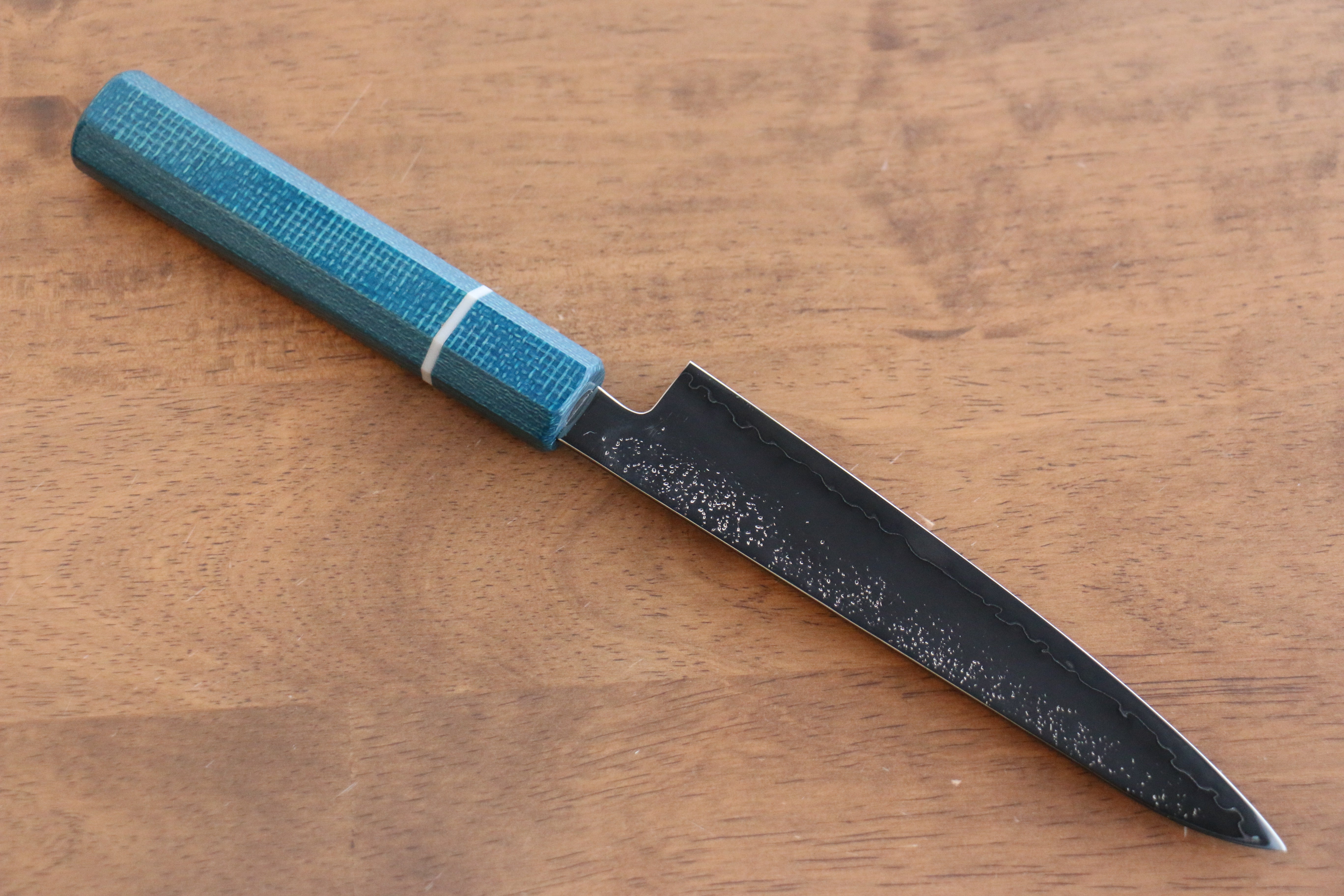 Seisuke VG5 Nashiji Black-Dyed Petty-Utility 150mm Blue Canvas Micarta Handle - Seisuke Knife