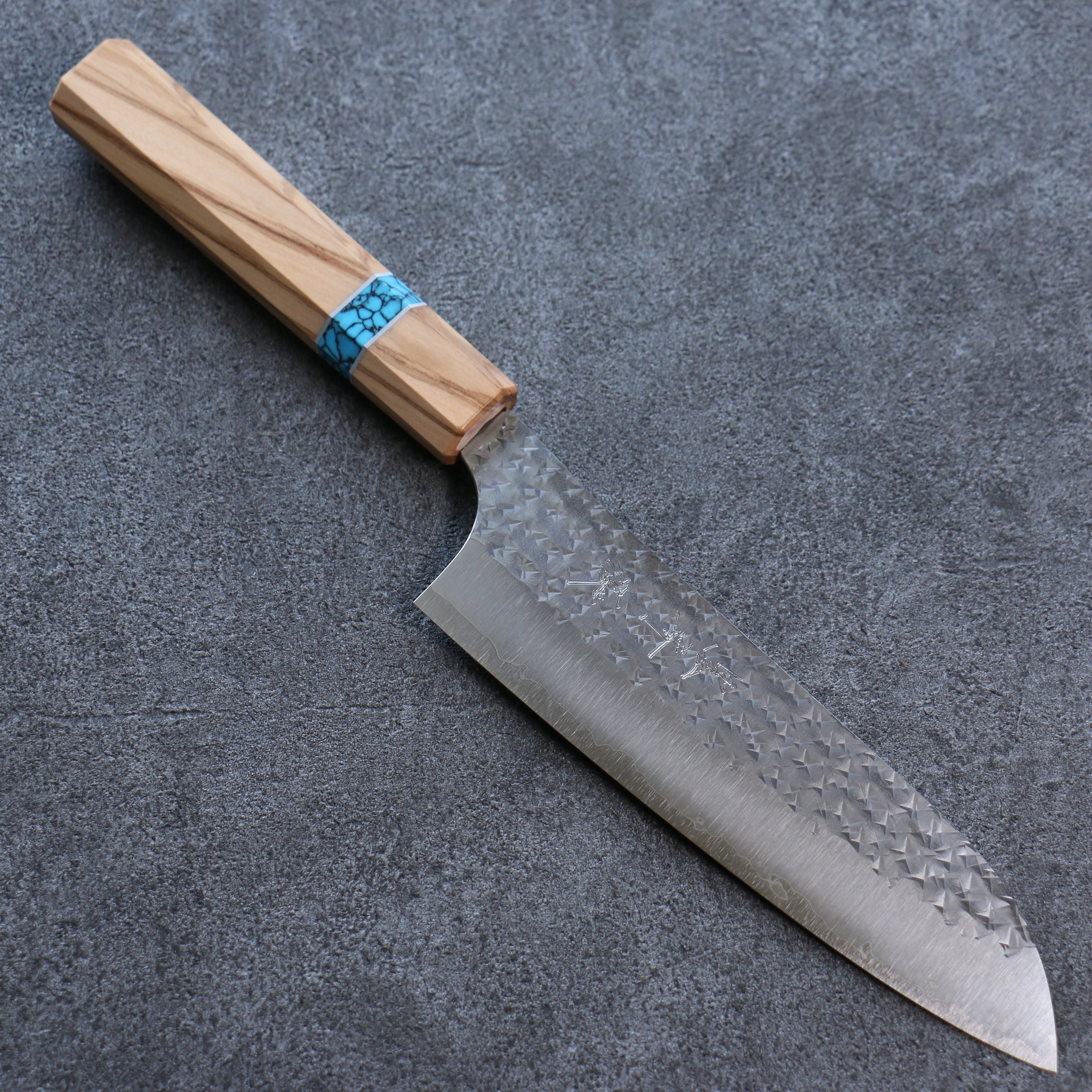 Yu Kurosaki Senko Ei SG2 Hammered Santoku 165mm Turquoise & Olive Handle - Seisuke Knife