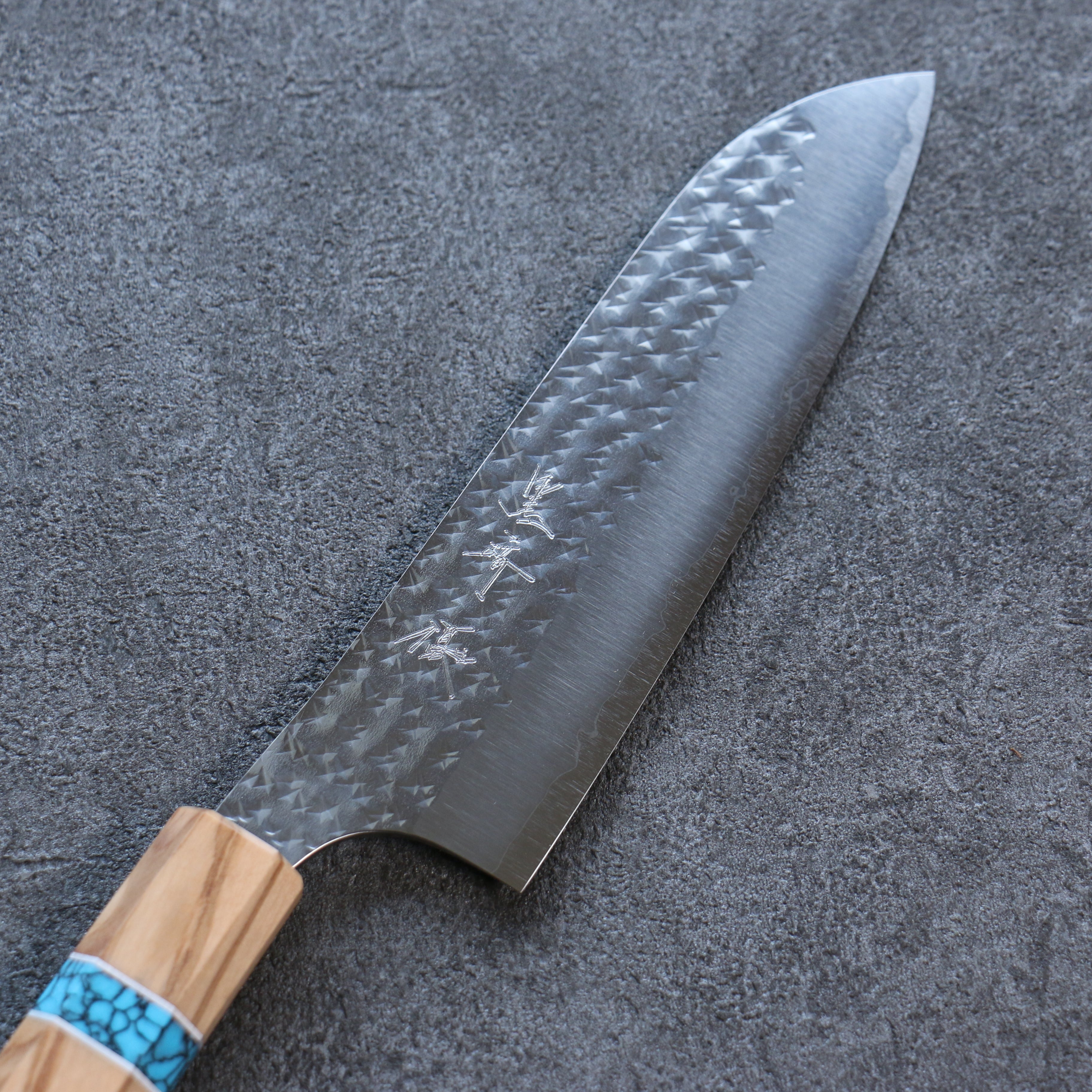 Yu Kurosaki Senko Ei SG2 Hammered Santoku 165mm Turquoise & Olive Handle - Seisuke Knife