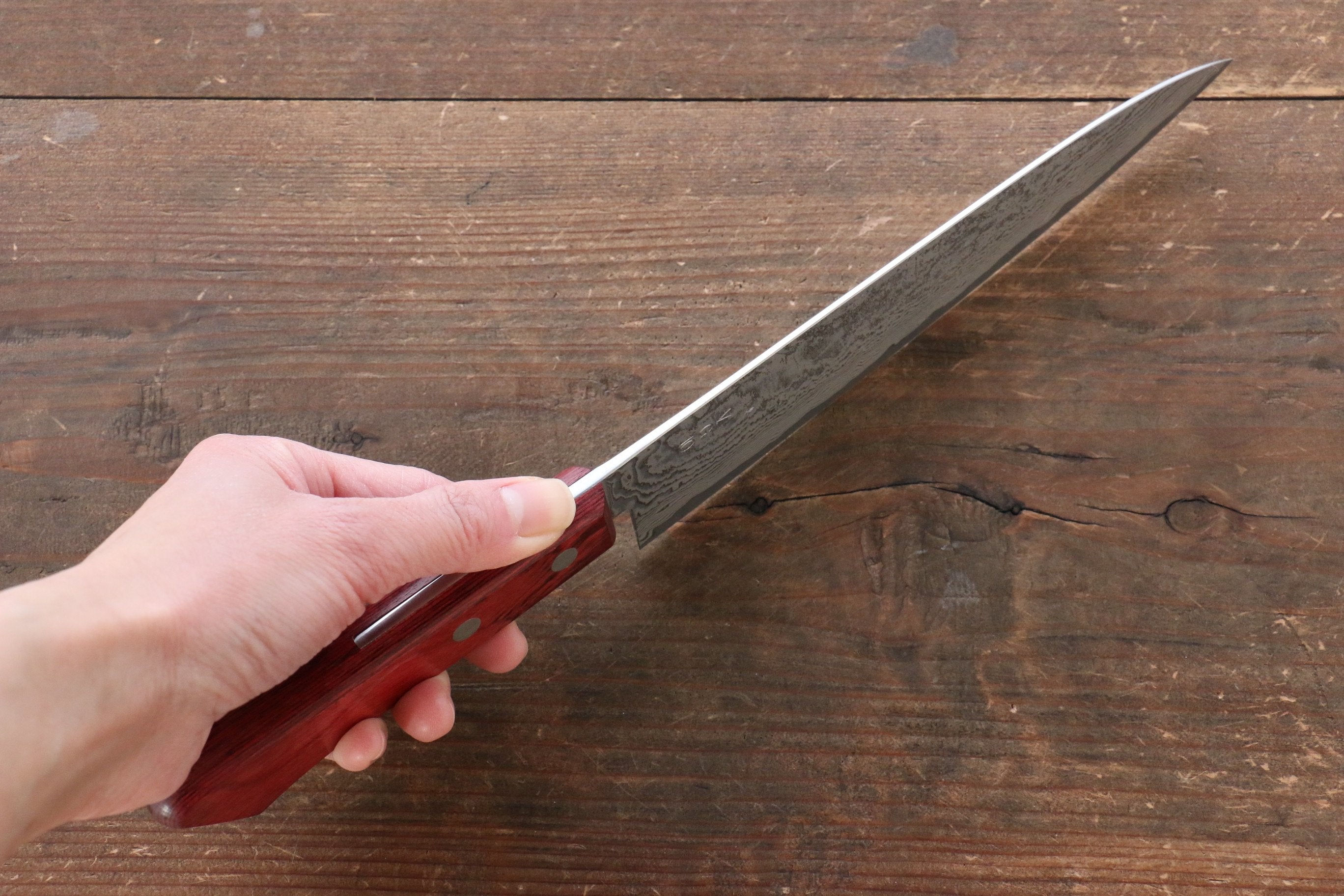 Nao Yamamoto VG10 Black Damascus Gyuto 180mm with Red Pakkawood Handle - Seisuke Knife