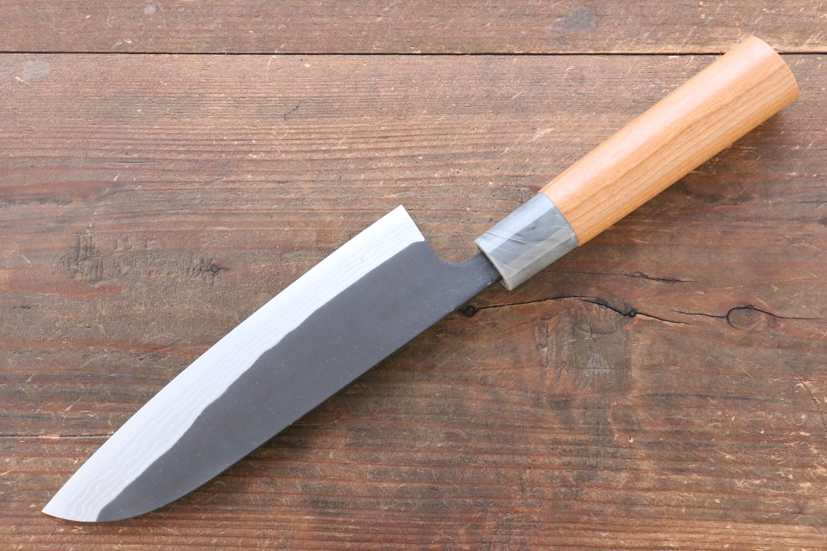 Nao Yamamoto White Steel No.2 Kurouchi Damascus Santoku 170mm with American Cherry Handle - Seisuke Knife