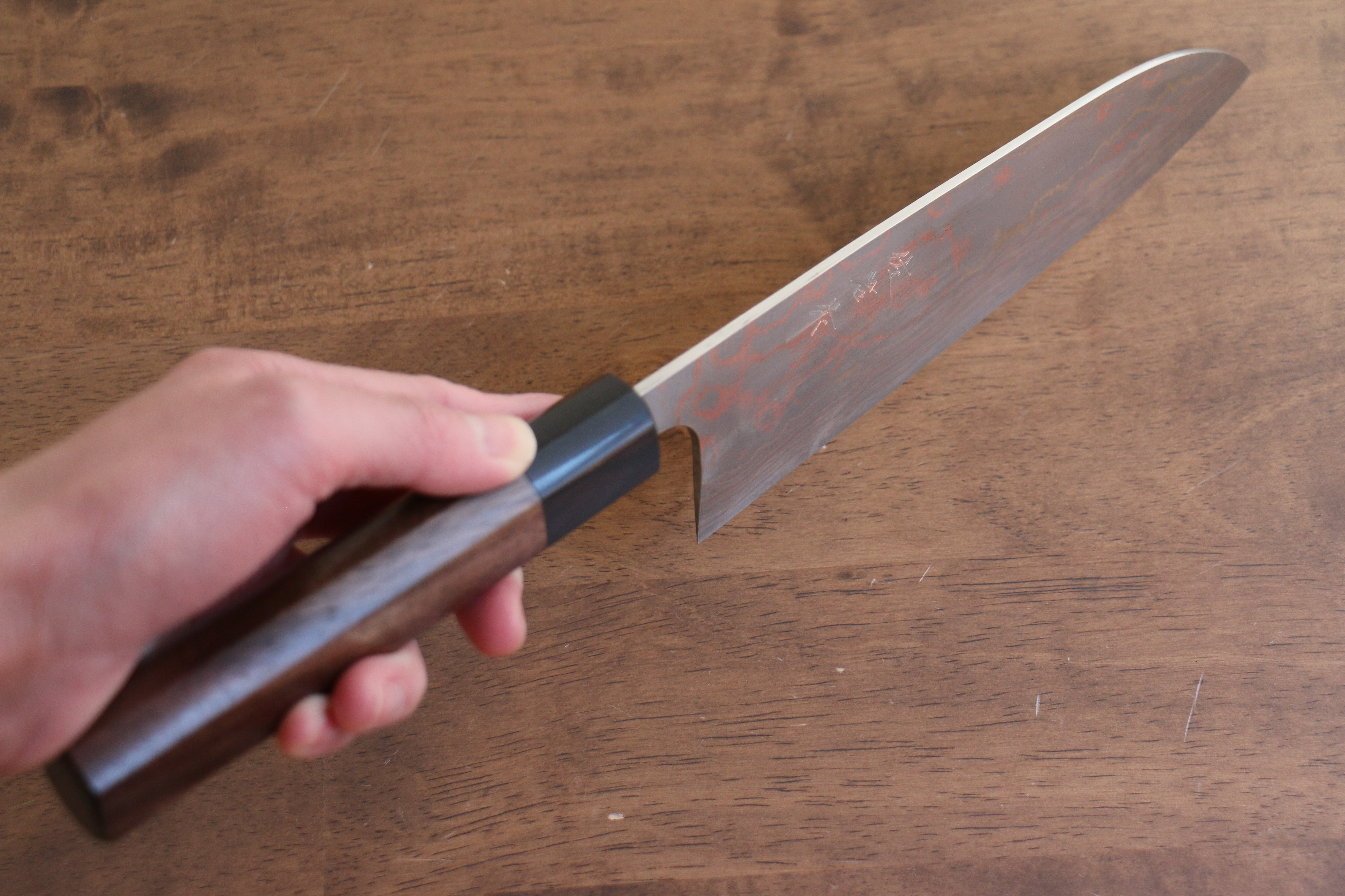 Takeshi Saji Blue Steel No.2 Colored Damascus Santoku 180mm Shitan Handle - Seisuke Knife