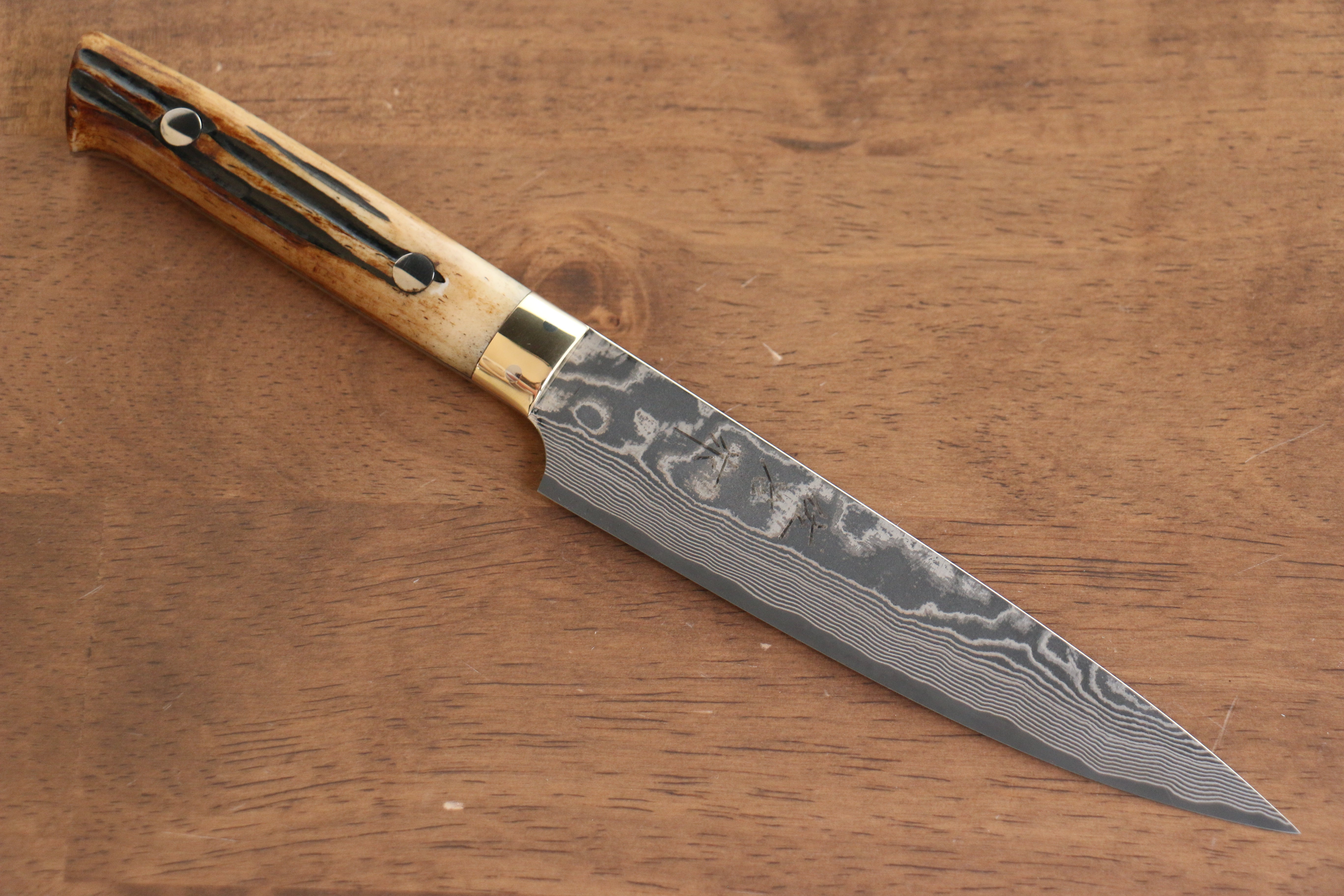 Takeshi Saji VG10 Black Damascus Petty-Utility 130mm Brown Deer Horn Handle - Seisuke Knife
