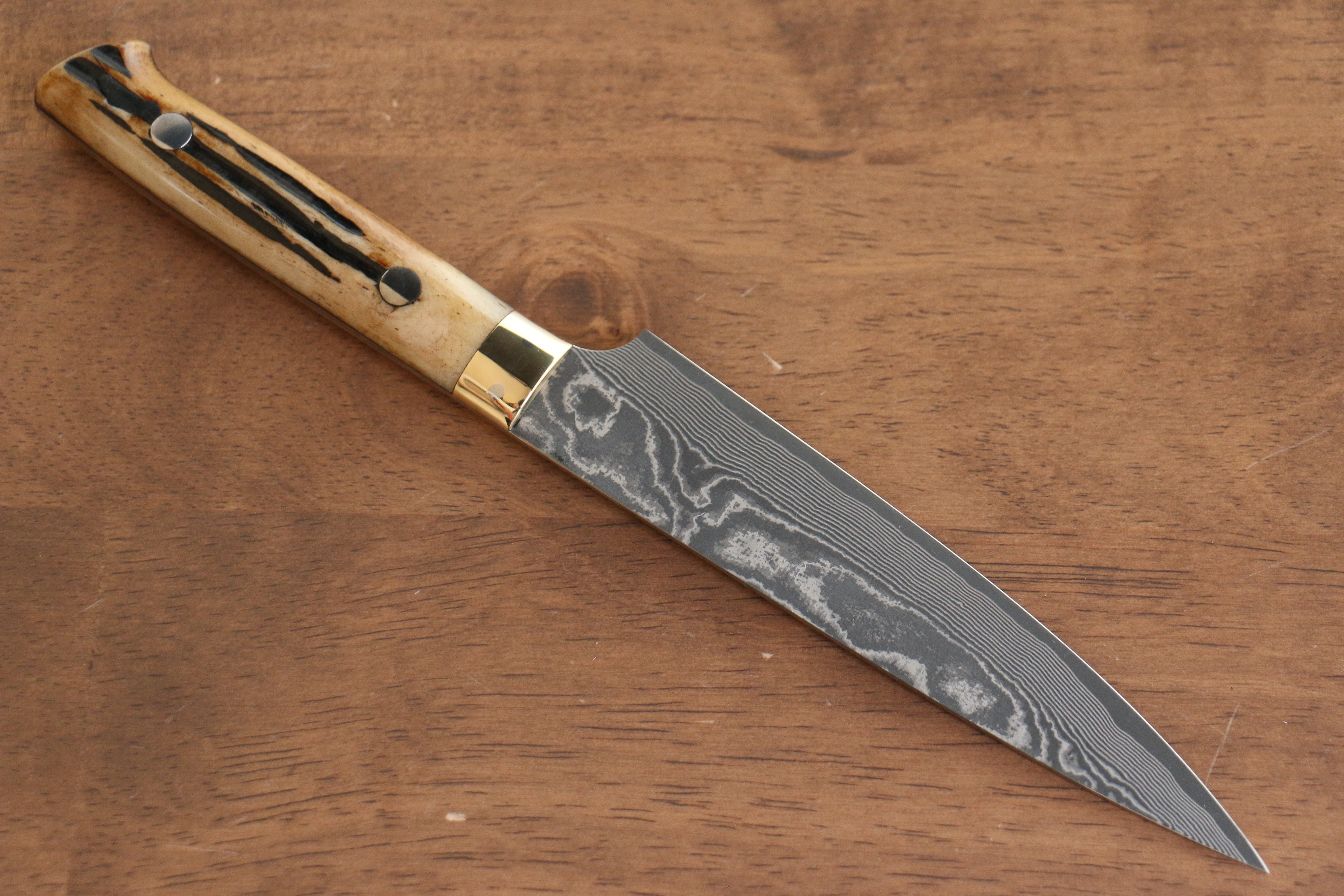 Takeshi Saji VG10 Black Damascus Petty-Utility 130mm Brown Deer Horn Handle - Seisuke Knife