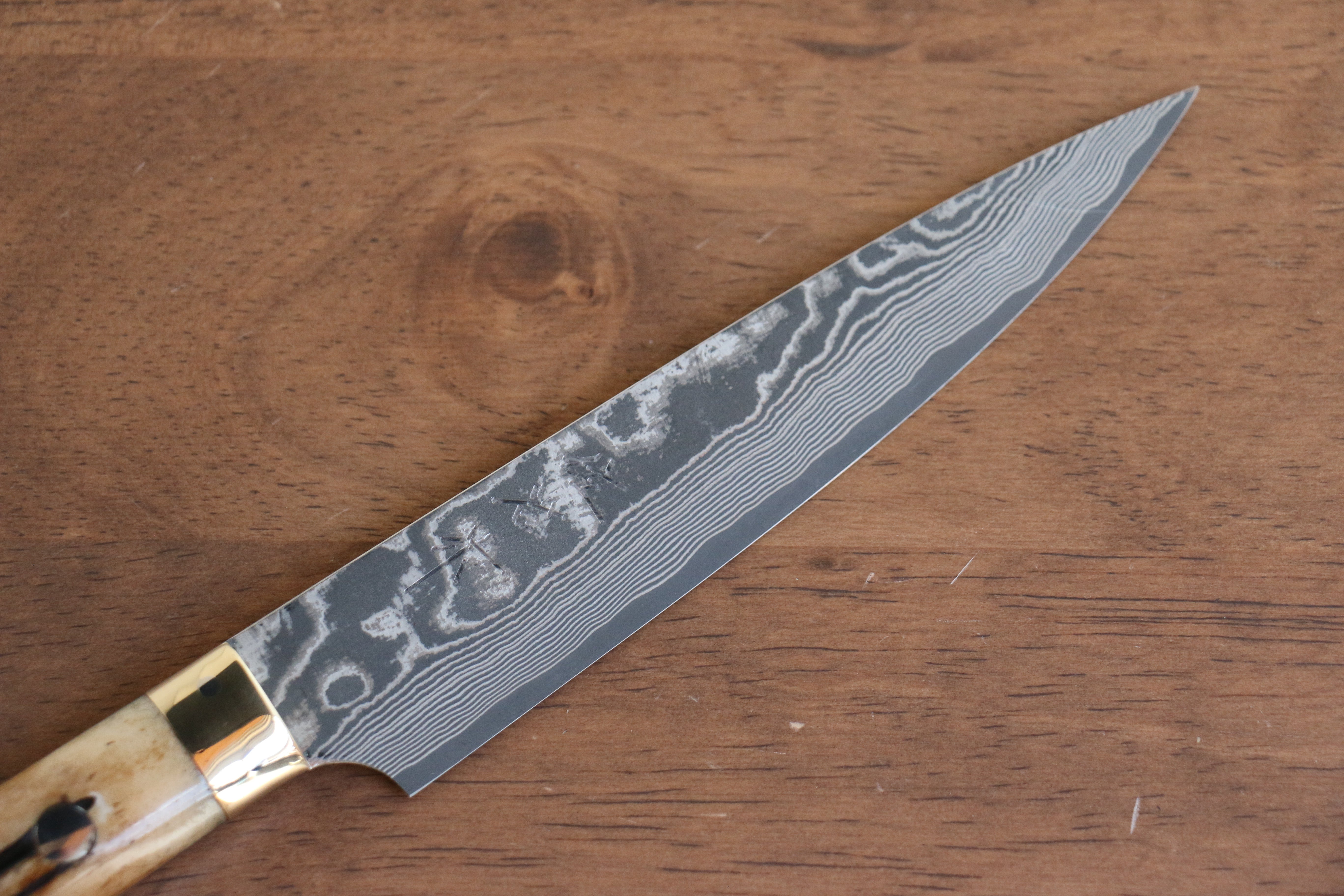 Takeshi Saji VG10 Black Damascus Petty-Utility 130mm Brown Deer Horn Handle - Seisuke Knife