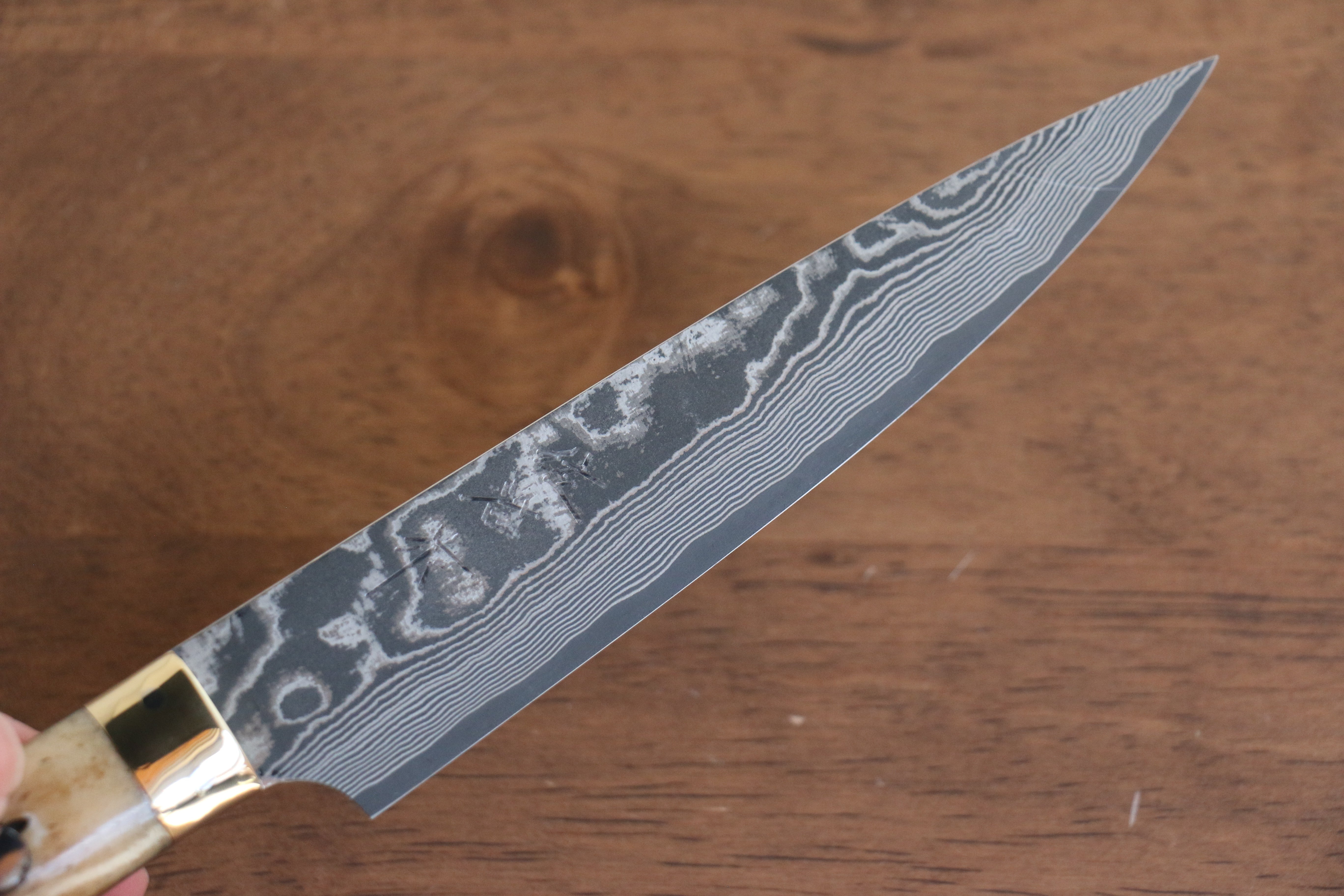 Takeshi Saji VG10 Black Damascus Petty-Utility 130mm Brown Deer Horn Handle - Seisuke Knife