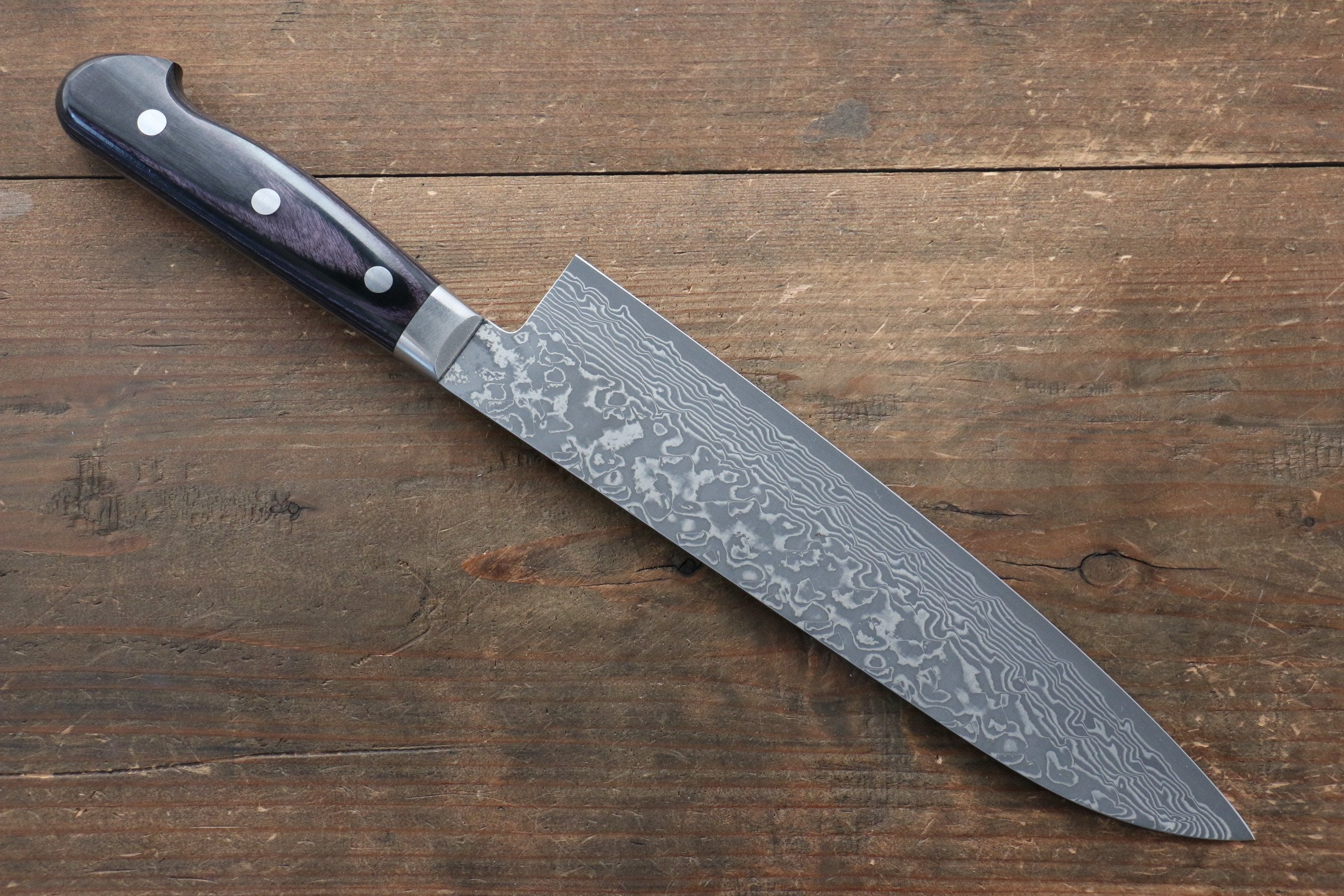 Yoshimi Kato VG10 Damascus Gyuto 210mm with Black Pakkawood Handle & Saya - Seisuke Knife