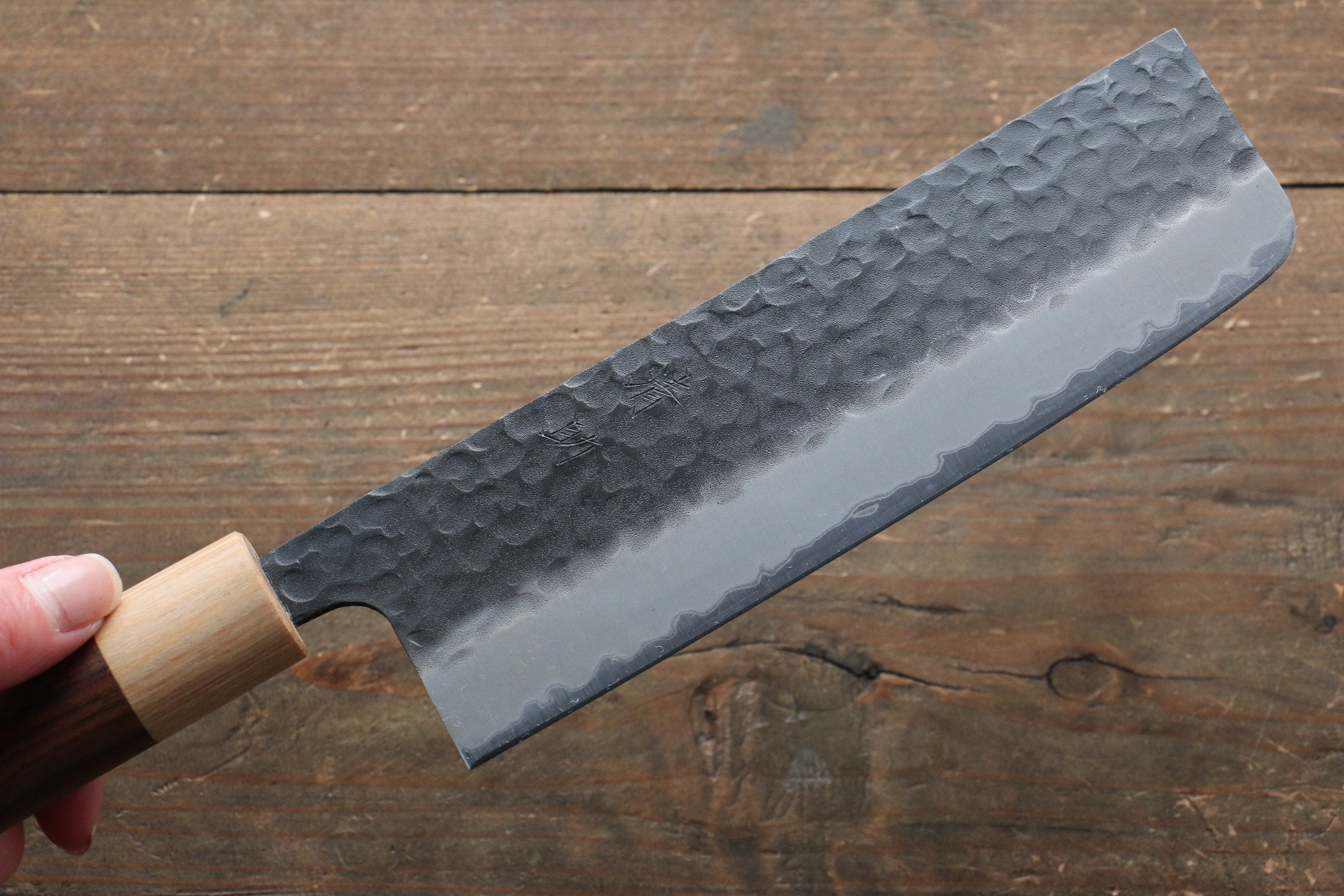 Seisuke Kokubyaku Blue Super Hammered Nakiri 165mm Morado Handle - Seisuke Knife