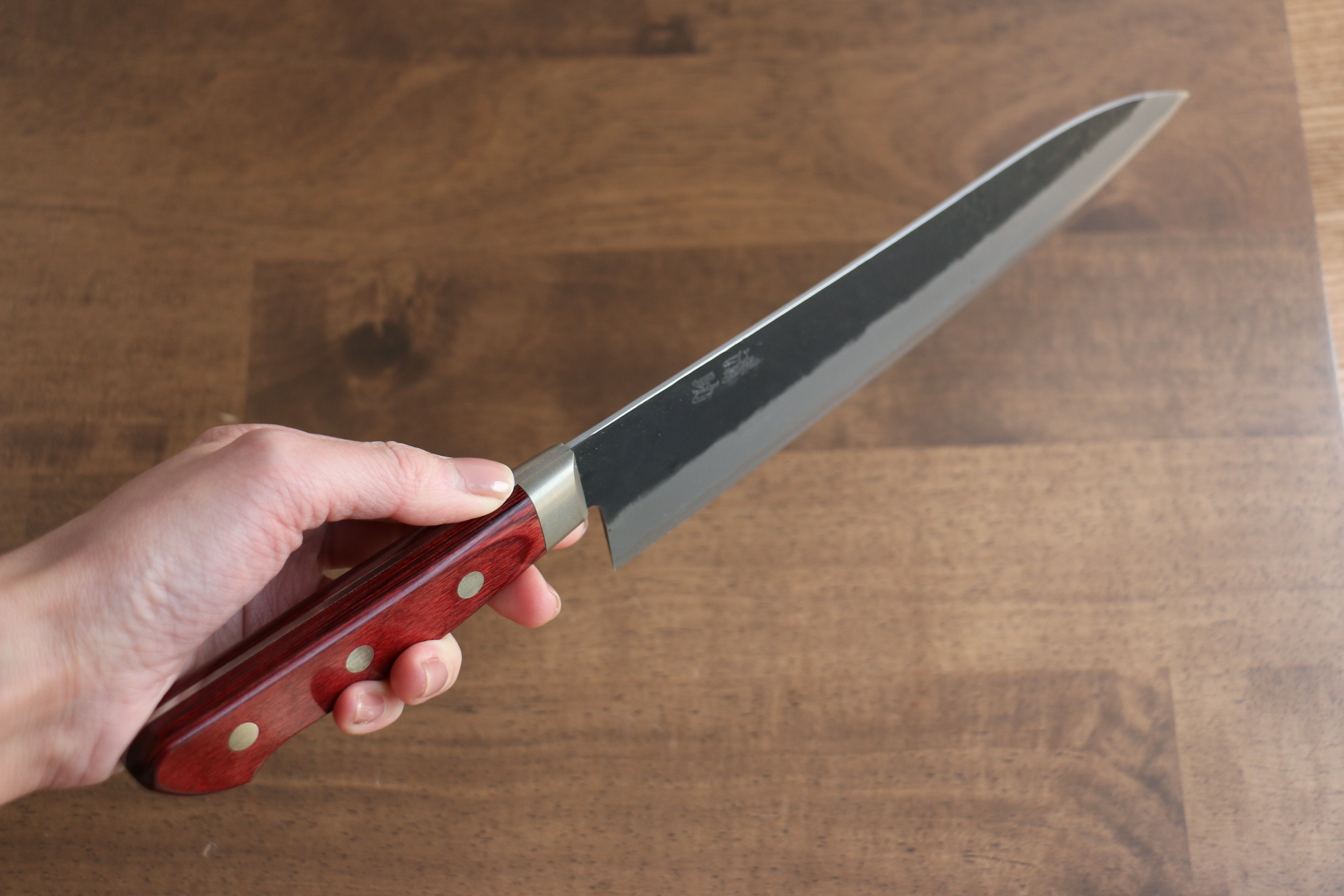 Seisuke Kuronashi Blue Super Nashiji Kurouchi Gyuto 210mm Red Pakka wood Handle - Seisuke Knife