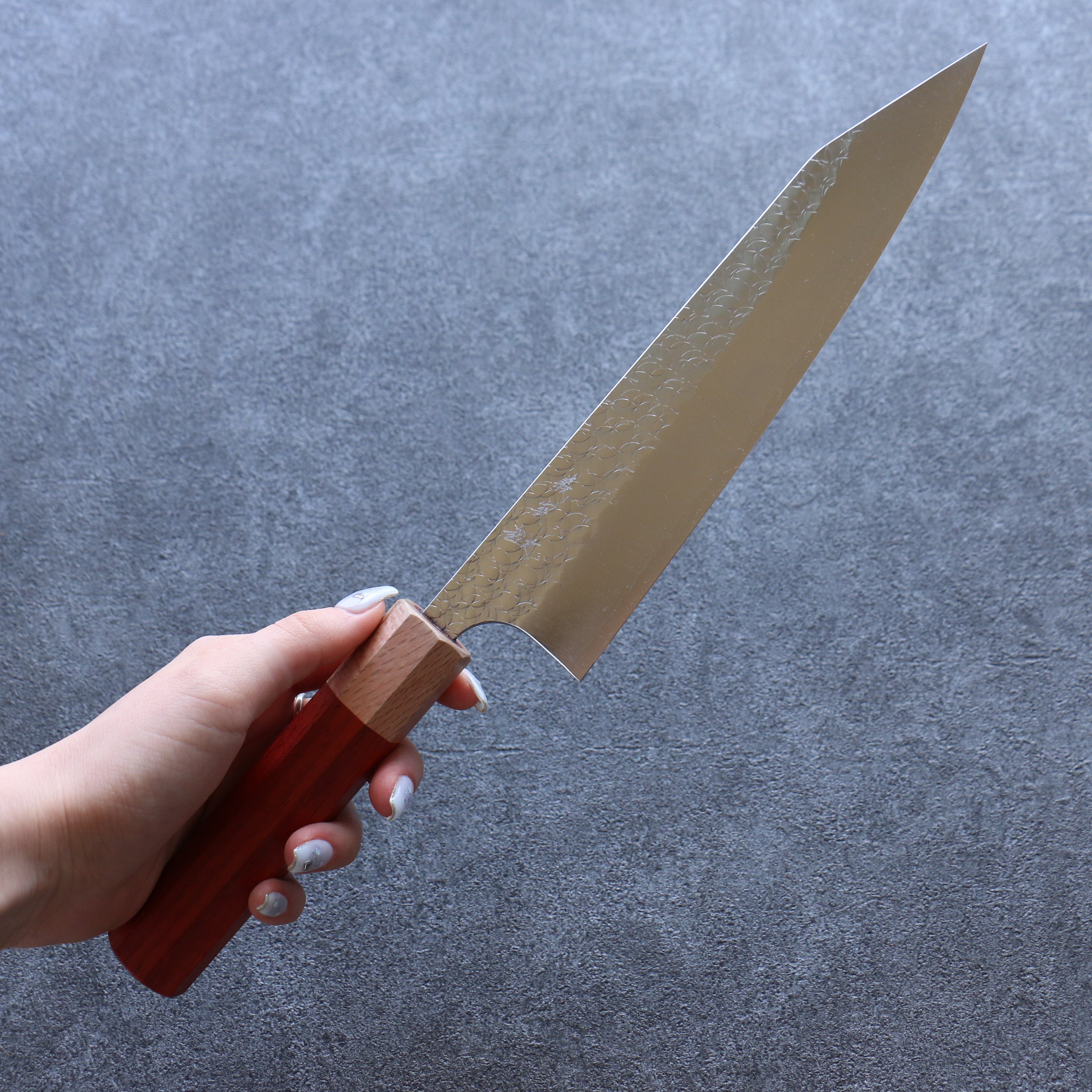Yoshimi Kato Minamo SG2 Hammered Kiritsuke Gyuto 210mm Padoauk Handle - Seisuke Knife