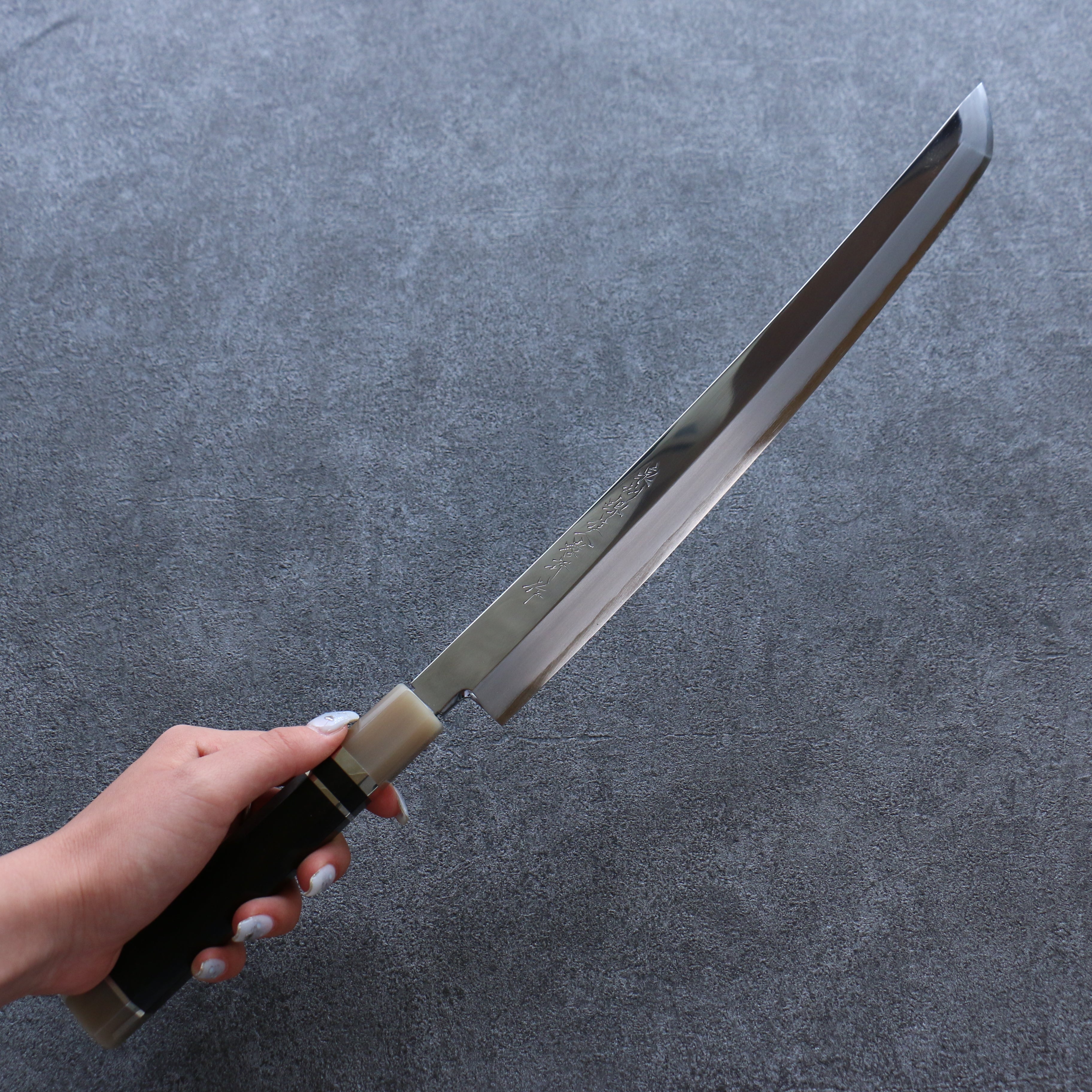 Sakai Takayuki Zangetsu Silver Steel No.3 Mirrored Finish Sakimaru Yanagiba 330mm Ebony Wood Handle with Sheath - Seisuke Knife