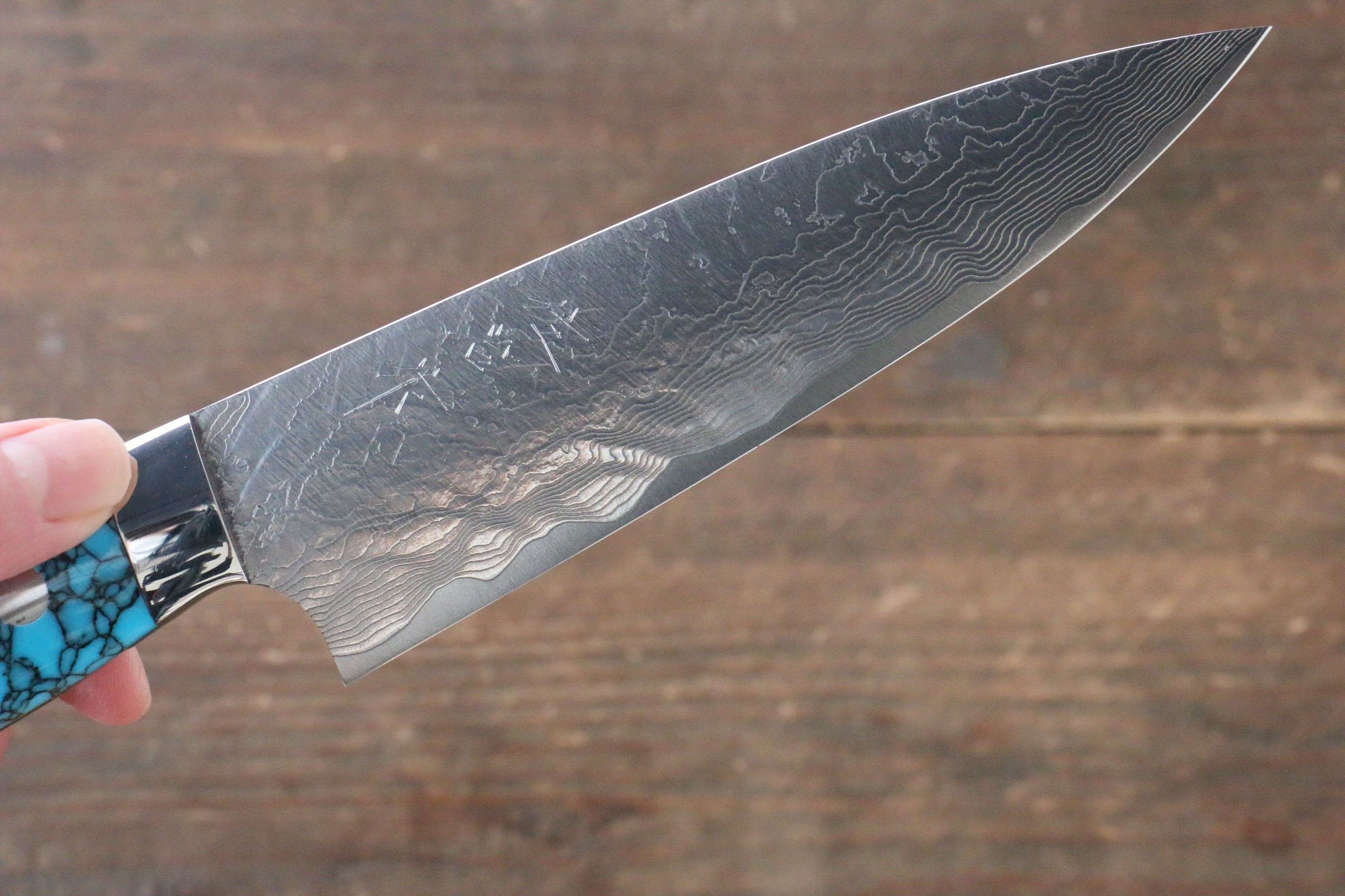Takeshi Saji SG2 Diamond Finish Damascus Petty-Utility 130mm Blue Turquoise (Nomura Style) Handle - Seisuke Knife