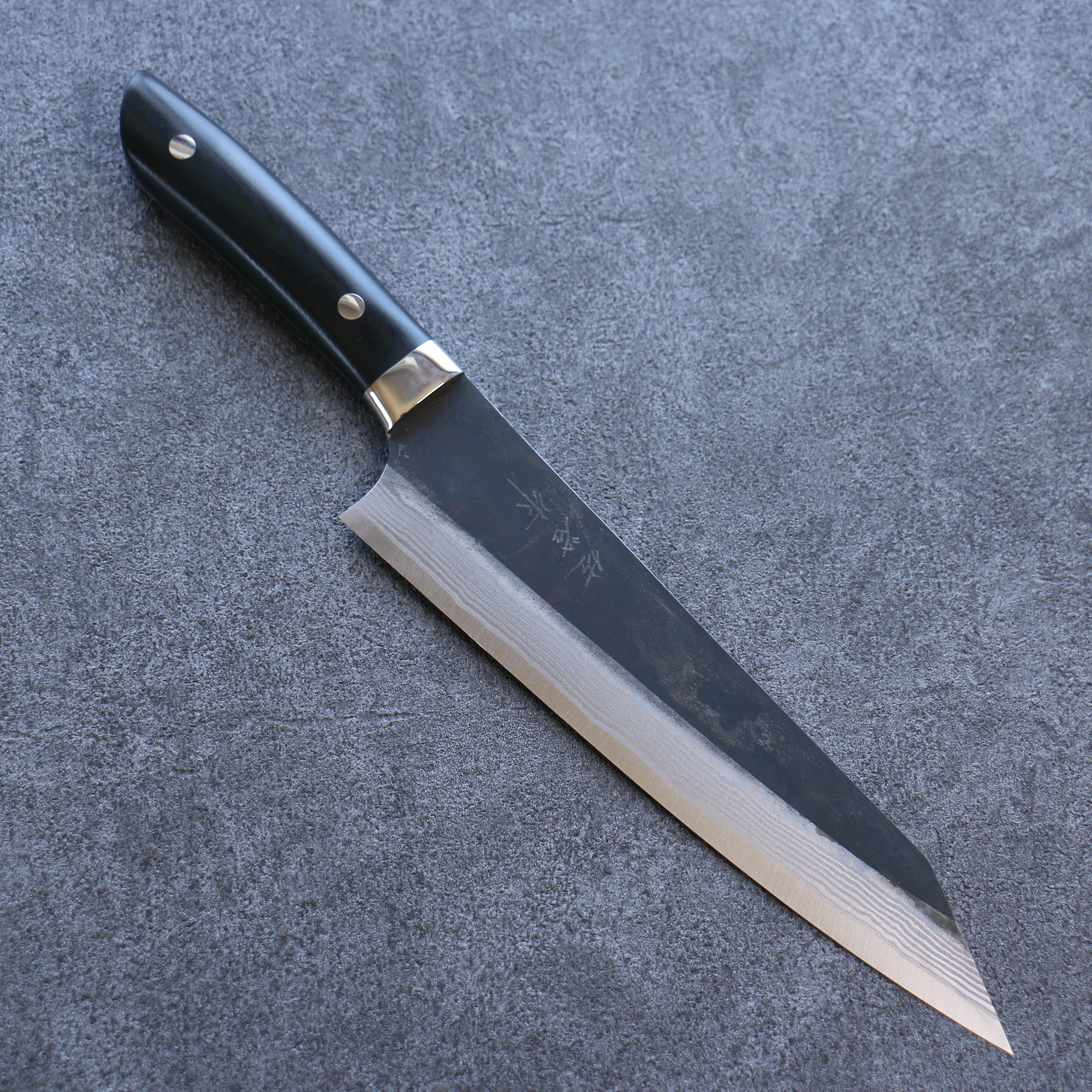 Takeshi Saji Blue Super Black Finished Damascus Kiritsuke Gyuto 210mm Black Micarta Handle - Seisuke Knife