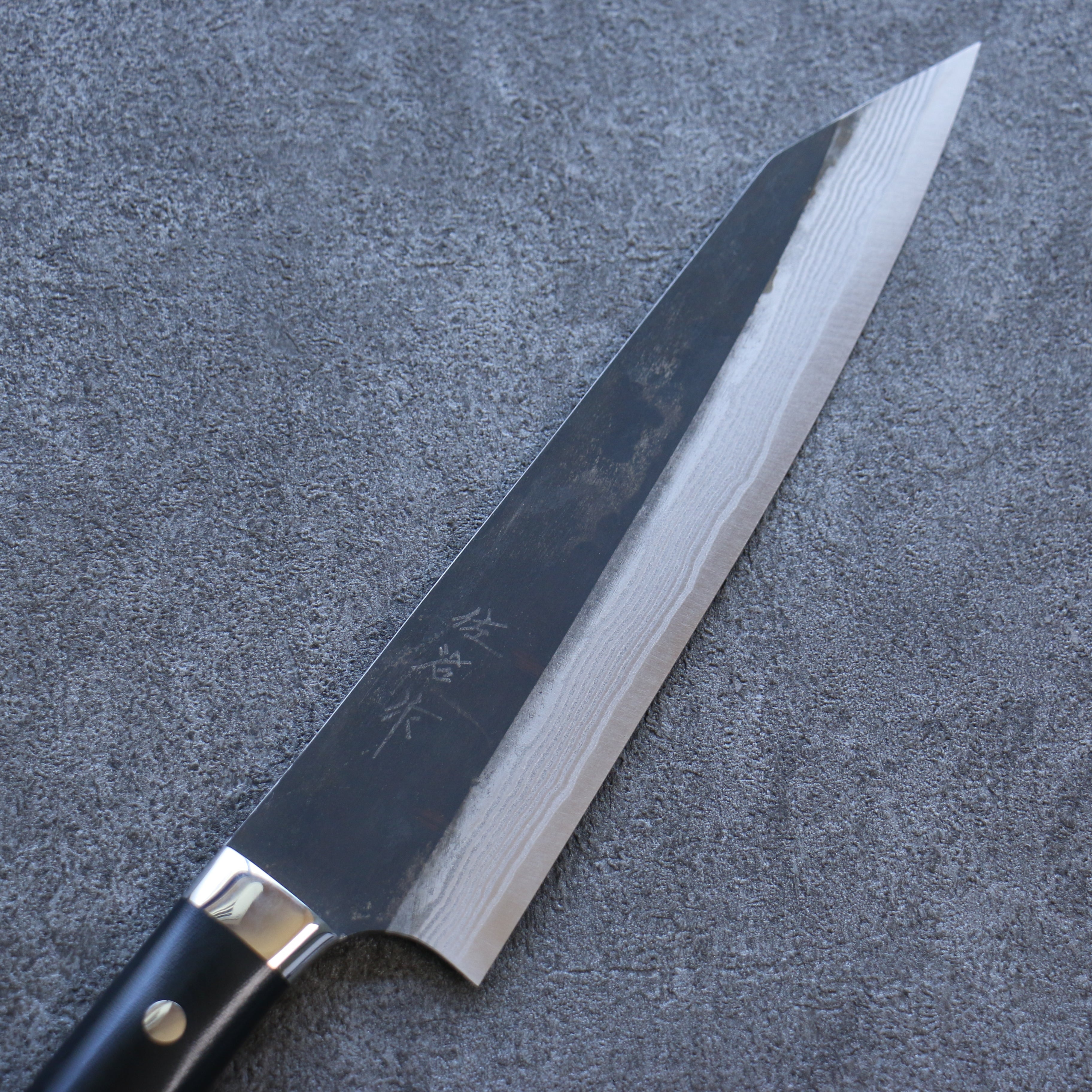 Takeshi Saji Blue Super Black Finished Damascus Kiritsuke Gyuto 210mm Black Micarta Handle - Seisuke Knife