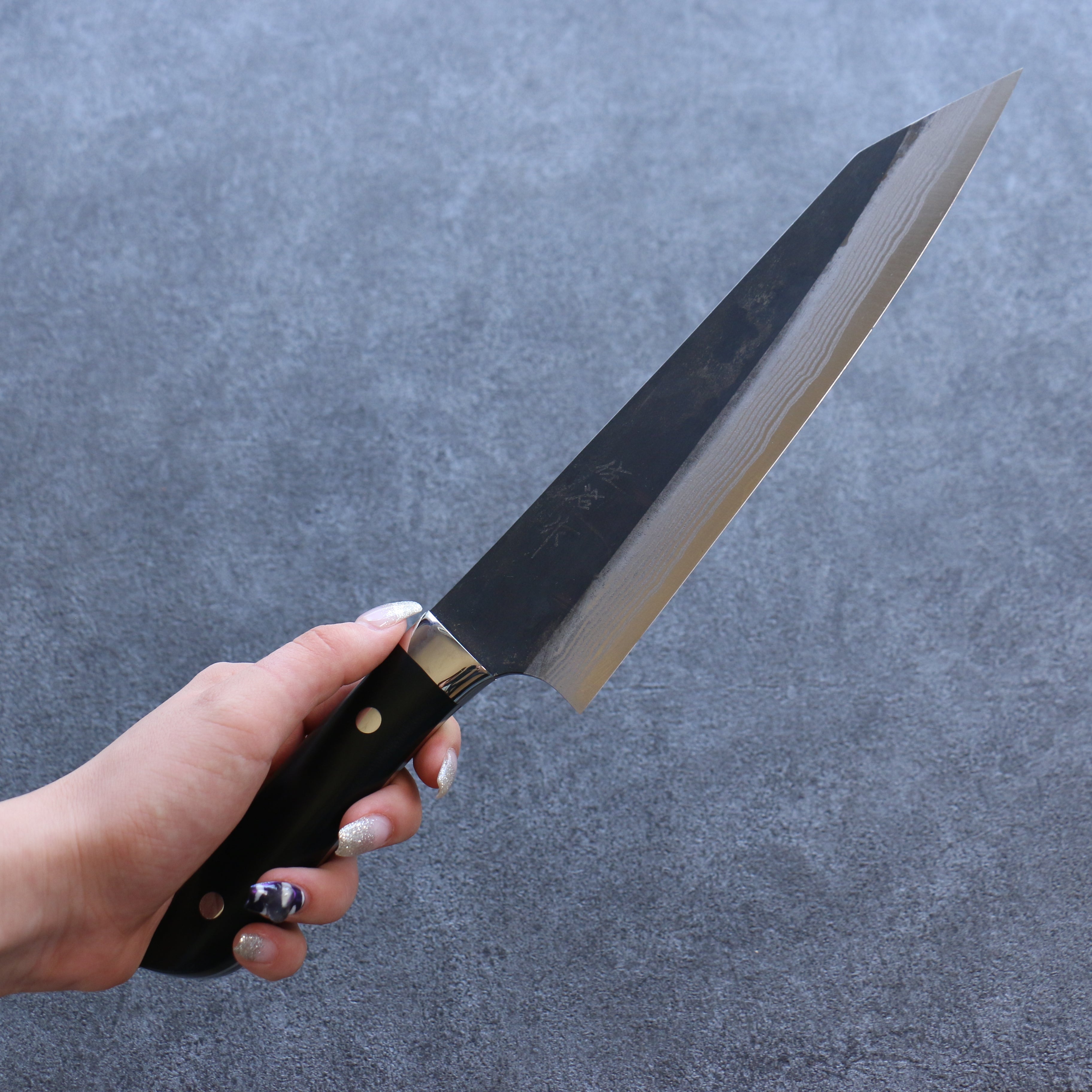 Takeshi Saji Blue Super Black Finished Damascus Kiritsuke Gyuto 210mm Black Micarta Handle - Seisuke Knife
