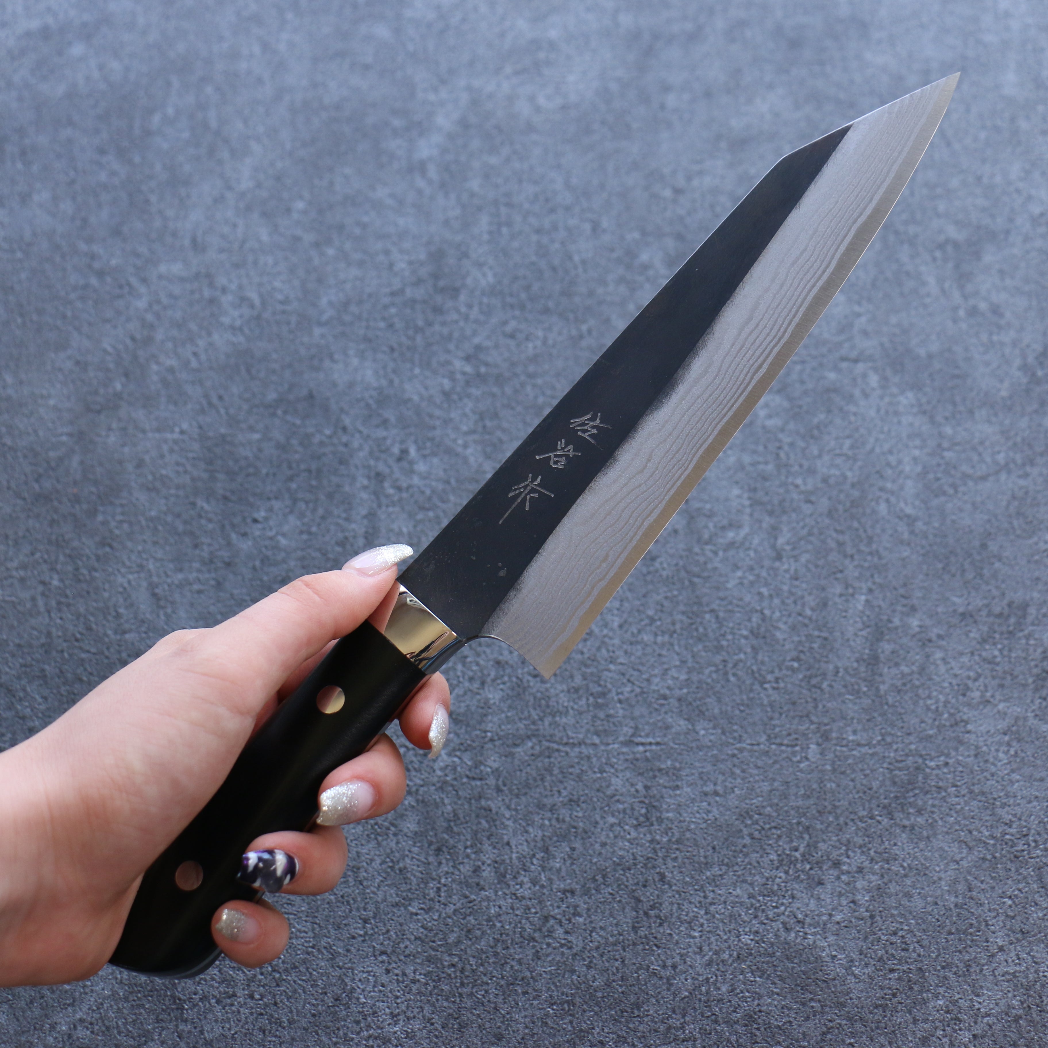 Takeshi Saji Blue Super Black Finished Damascus Kiritsuke Gyuto 180mm Black Micarta Handle - Seisuke Knife