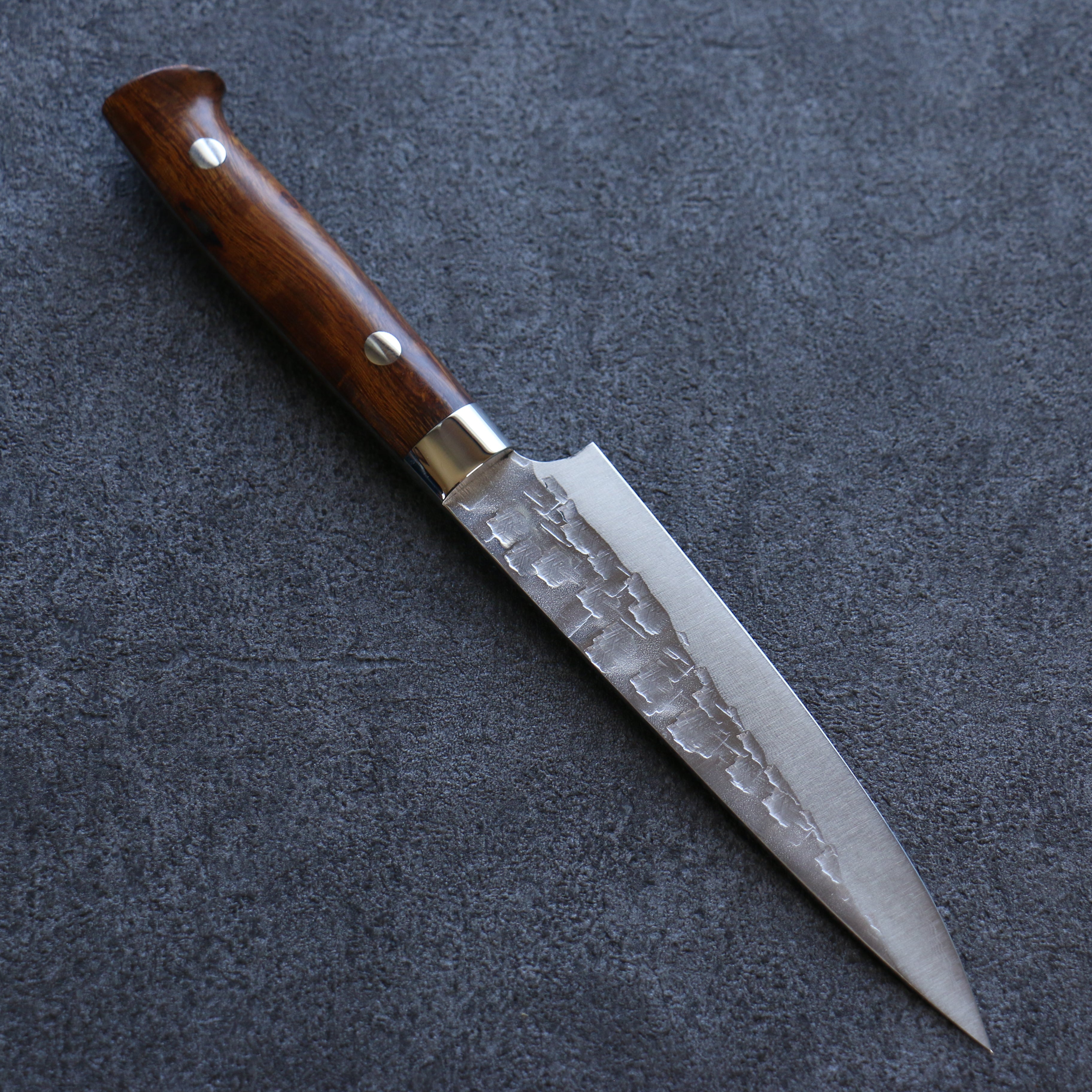 Takeshi Saji VG10 Hammered Damascus Petty-Utility 135mm Ironwood Handle - Seisuke Knife