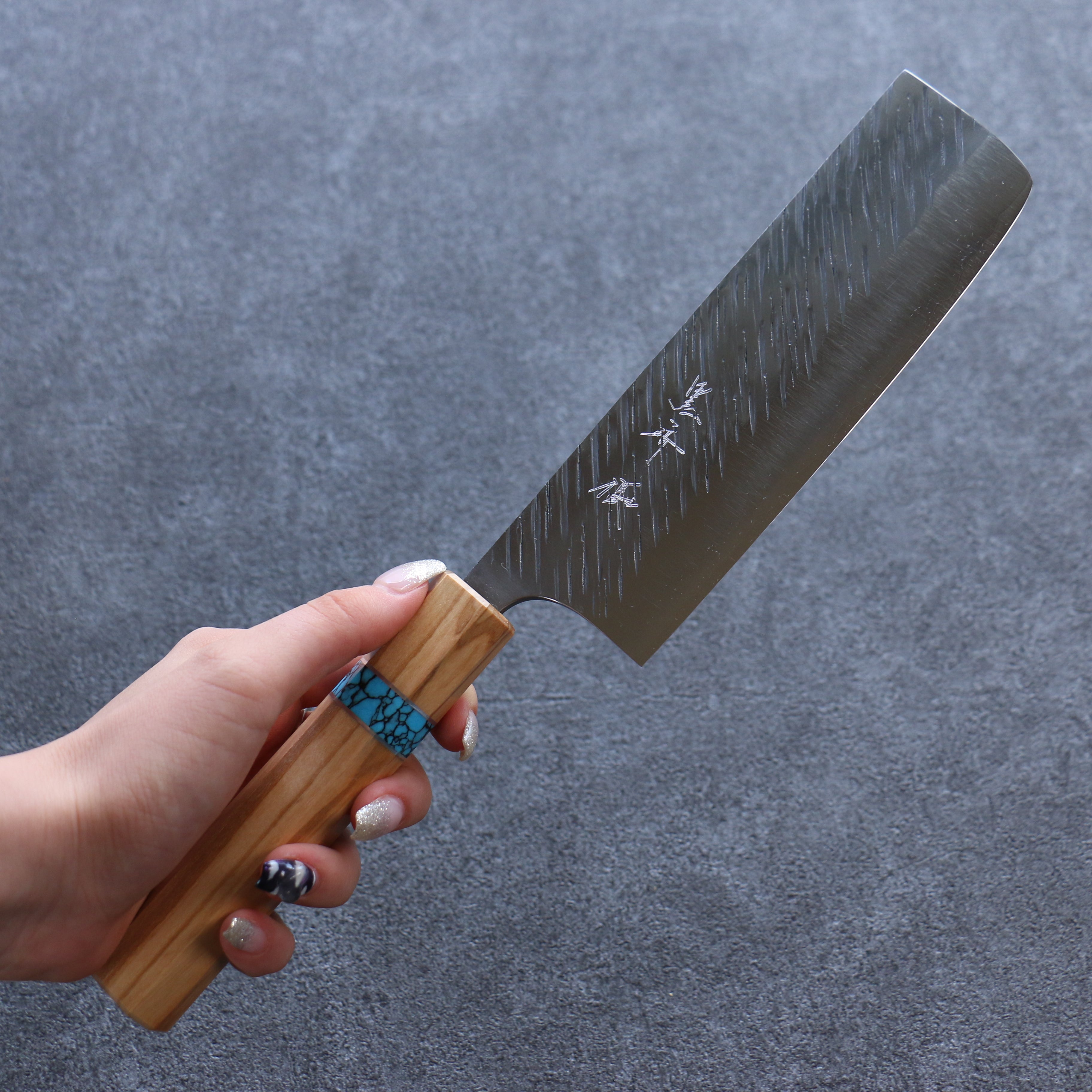 Yu Kurosaki Fujin SG2 Hammered Nakiri 165mm Olive tree(ferrule: Turquoise) Handle - Seisuke Knife