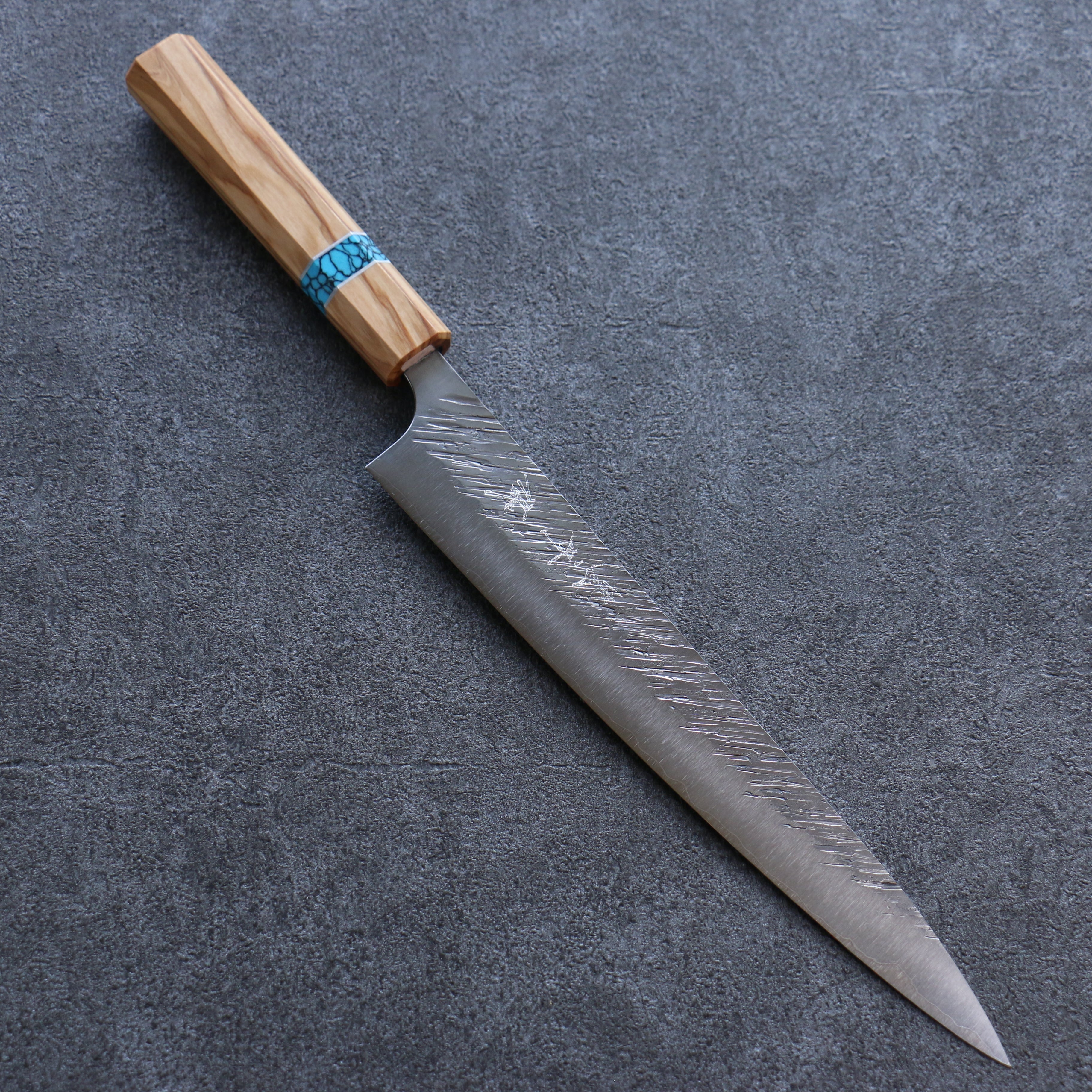 Yu Kurosaki Fujin SG2 Hammered Sujihiki 240mm Olive tree(ferrule: Turquoise) Handle - Seisuke Knife