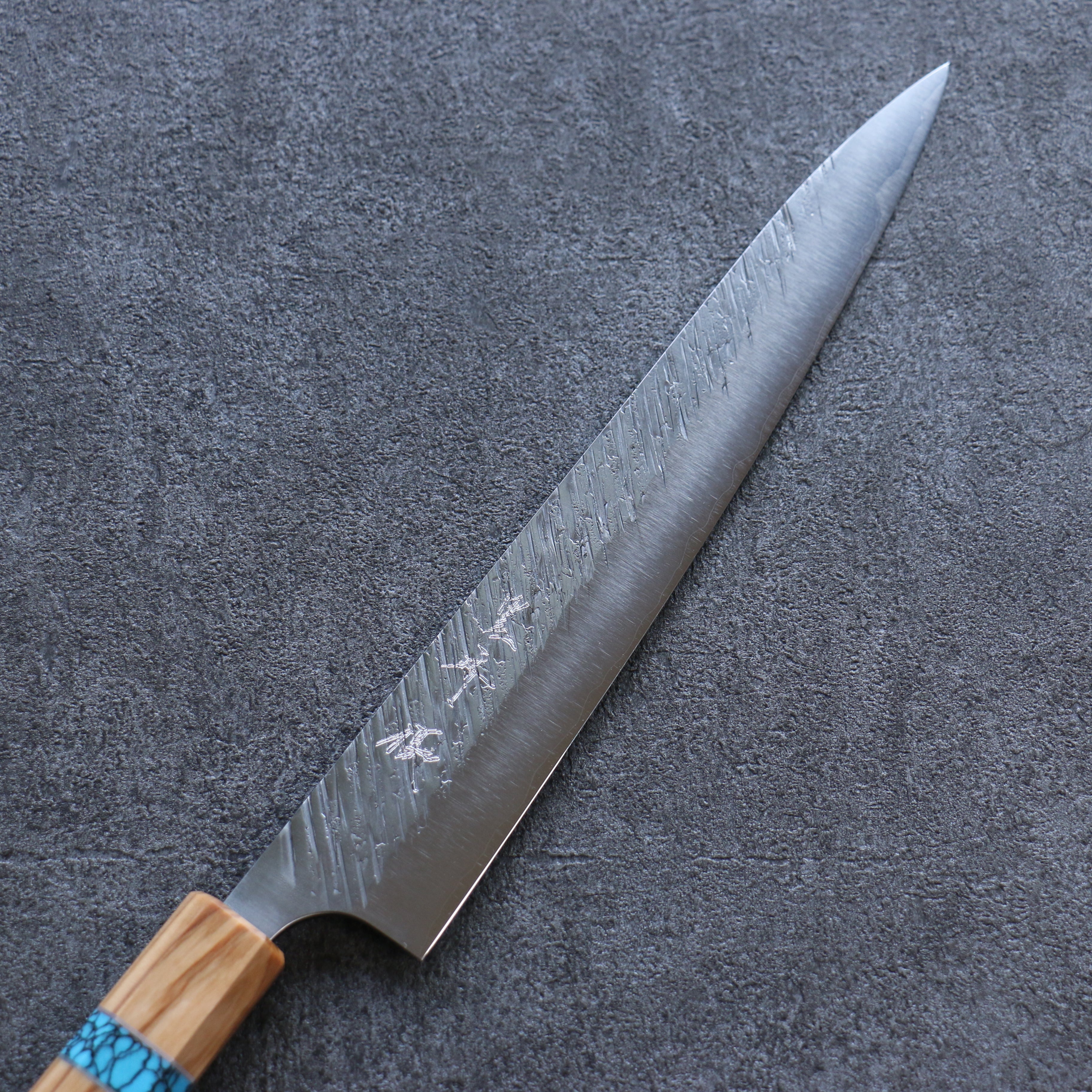 Yu Kurosaki Fujin SG2 Hammered Sujihiki 240mm Olive tree(ferrule: Turquoise) Handle - Seisuke Knife