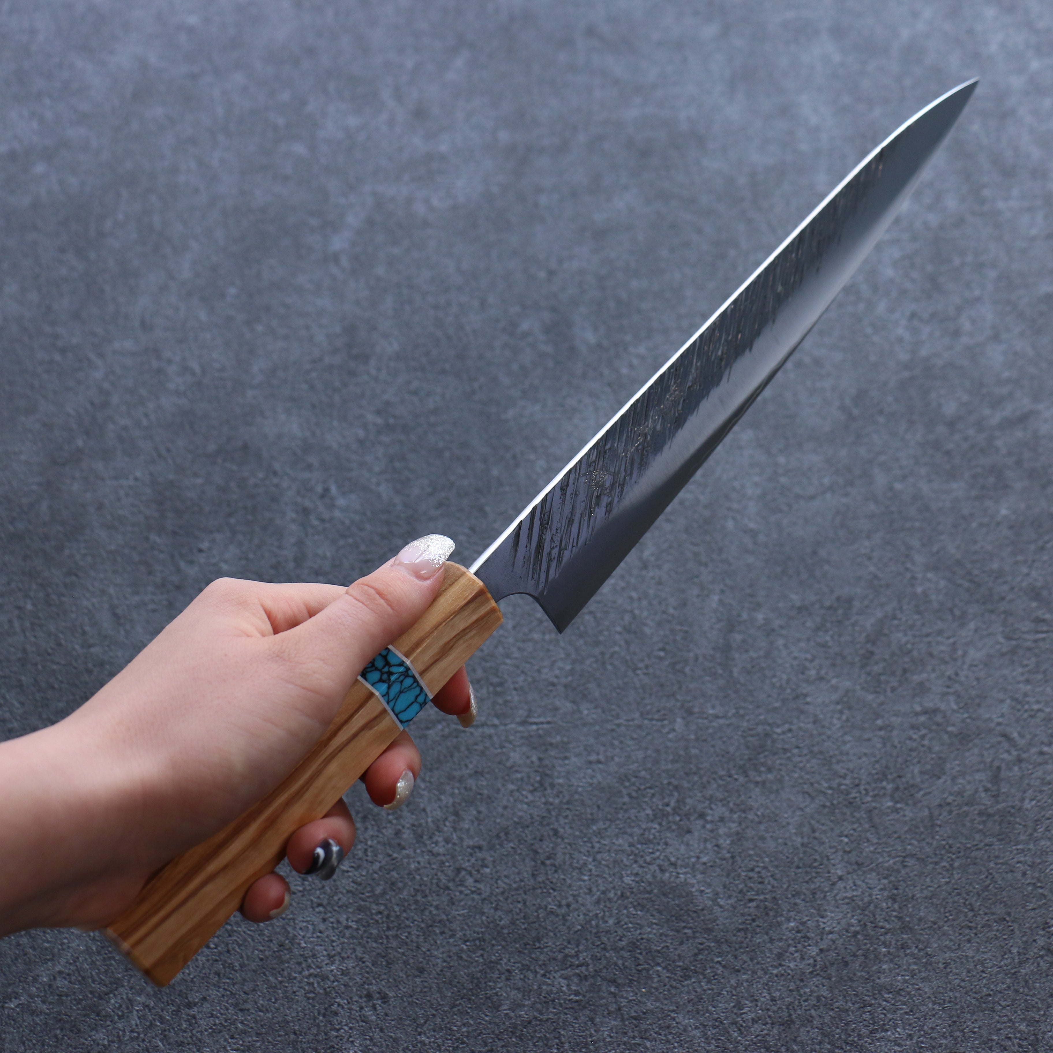 Yu Kurosaki Fujin SG2 Hammered Sujihiki 240mm Olive tree(ferrule: Turquoise) Handle - Seisuke Knife
