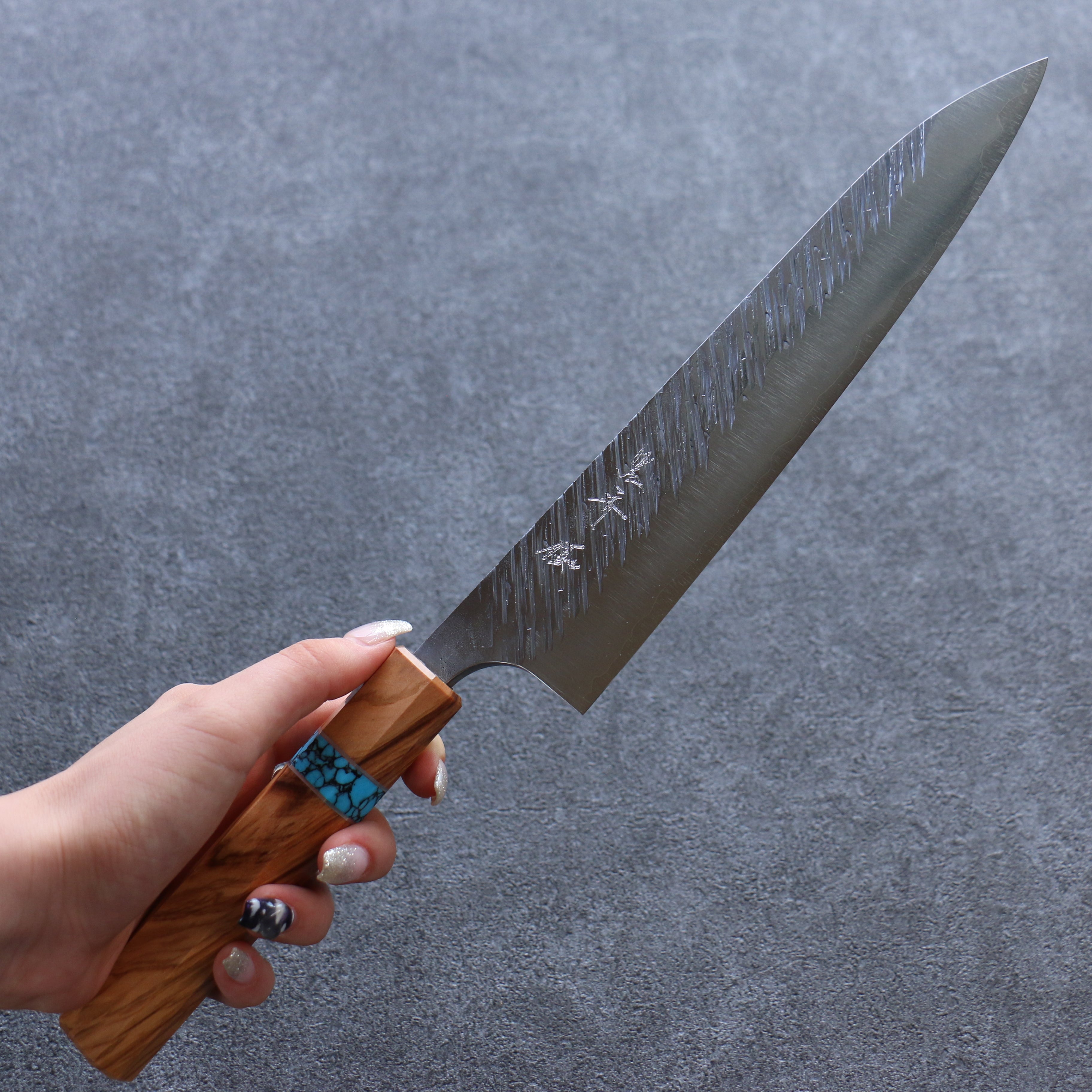 Yu Kurosaki Fujin SG2 Hammered Gyuto 210mm Olive tree(ferrule: Turquoise) Handle - Seisuke Knife
