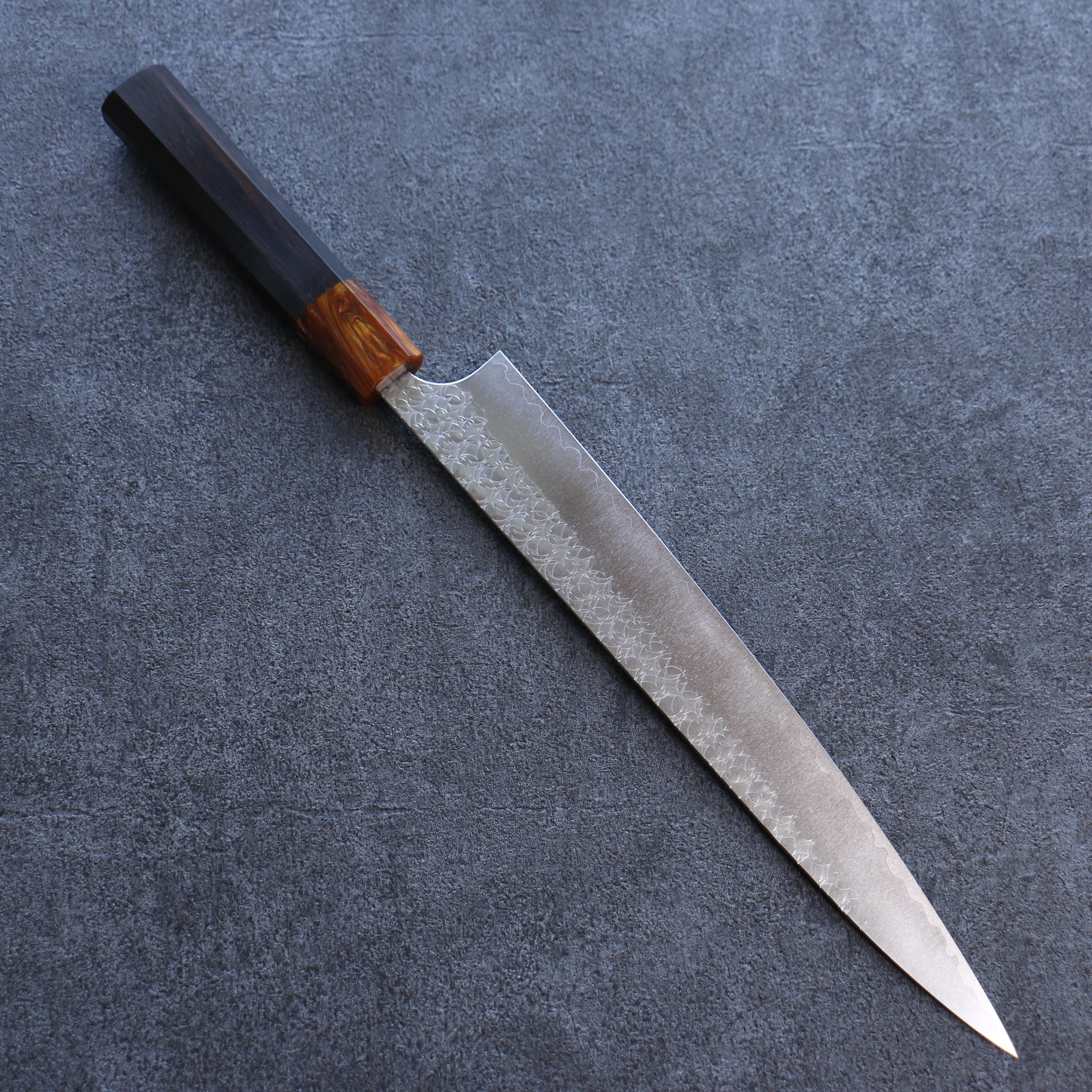 Yoshimi Kato Minamo SG2 Hammered Sujihiki 270mm Ebony (ferrule: Orange Resin) Handle - Seisuke Knife