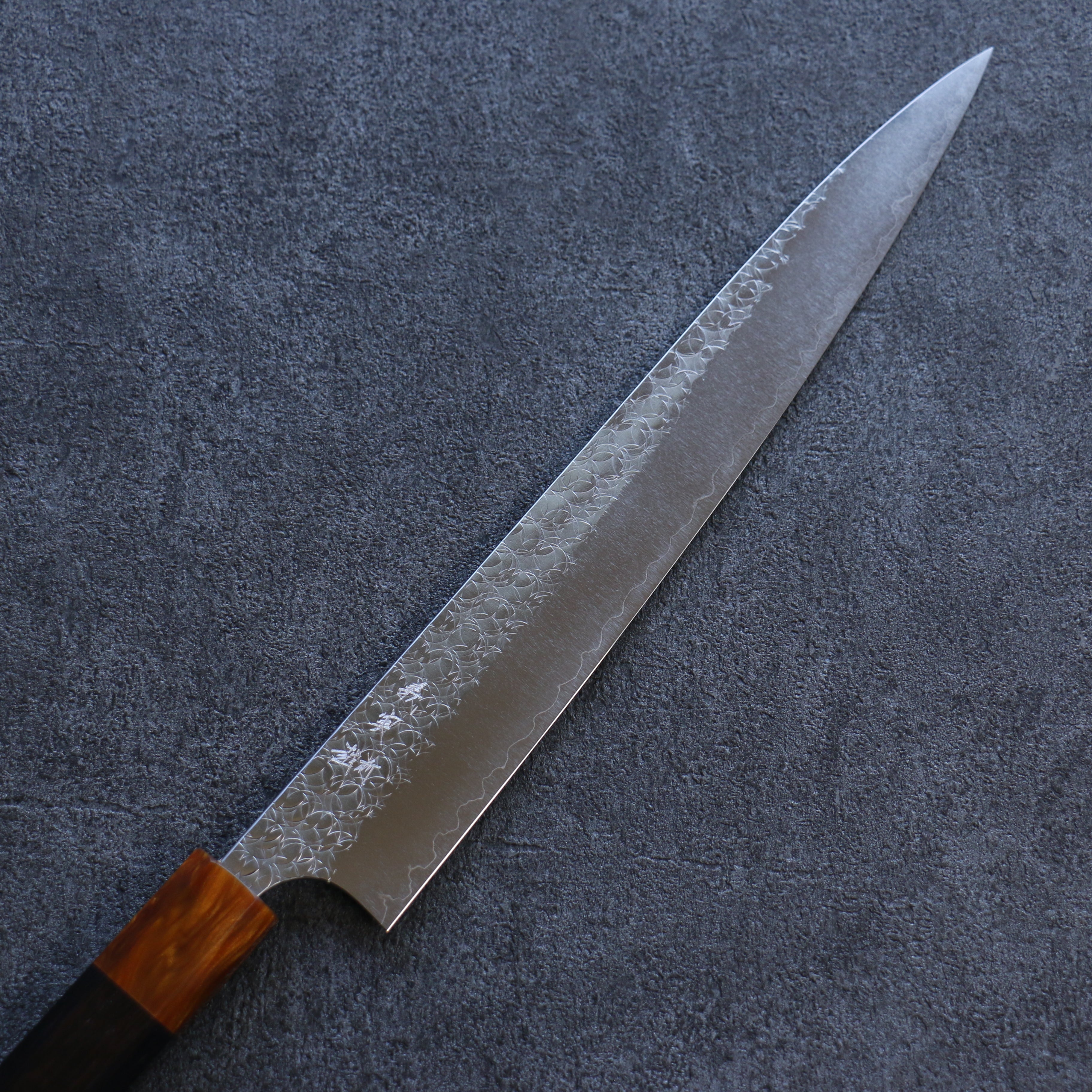 Yoshimi Kato Minamo SG2 Hammered Sujihiki 270mm Ebony (ferrule: Orange Resin) Handle - Seisuke Knife
